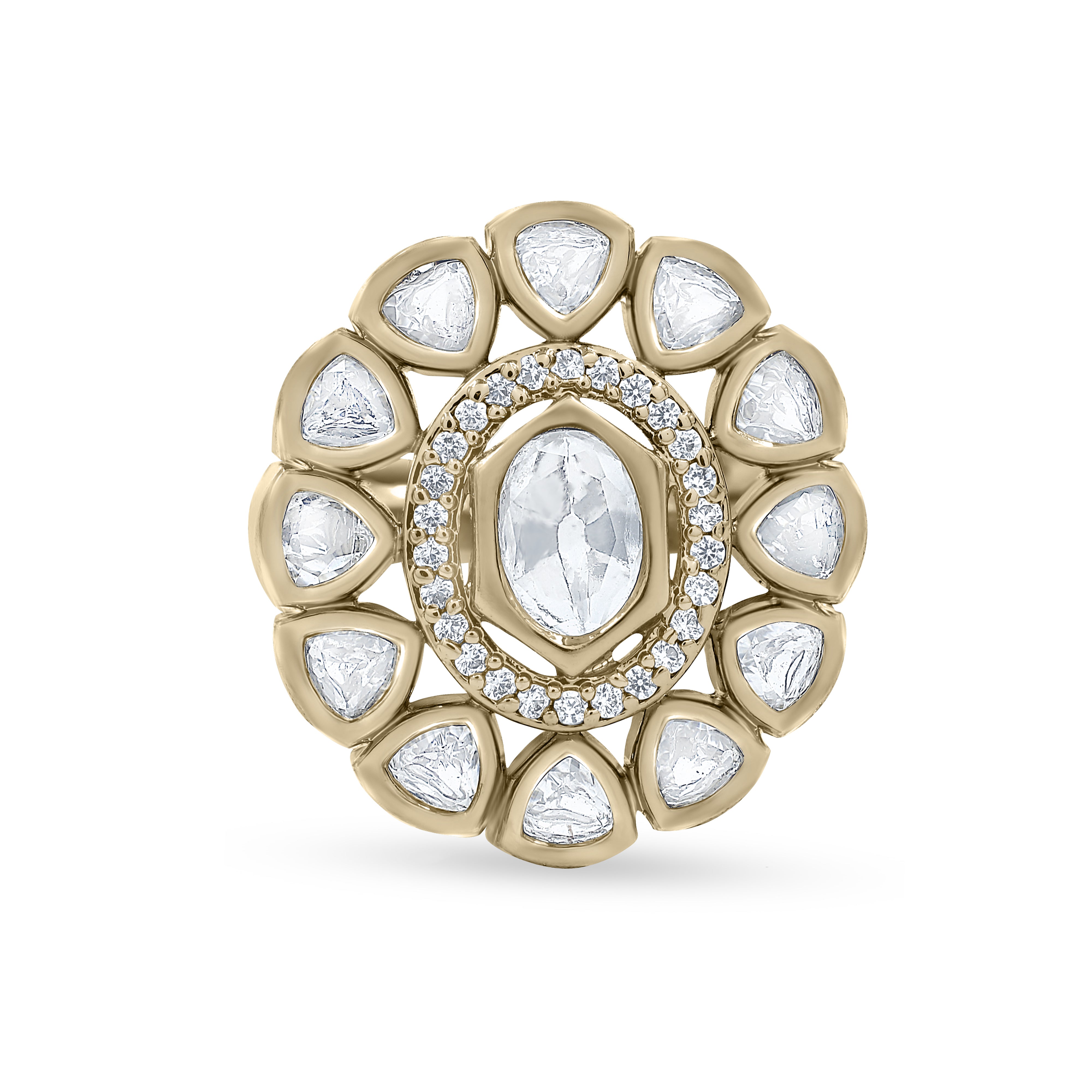 Oval Zircon Vintage Shield Polki-Diamond Gold Finish Ring with Pave and Trillion Motif Halo