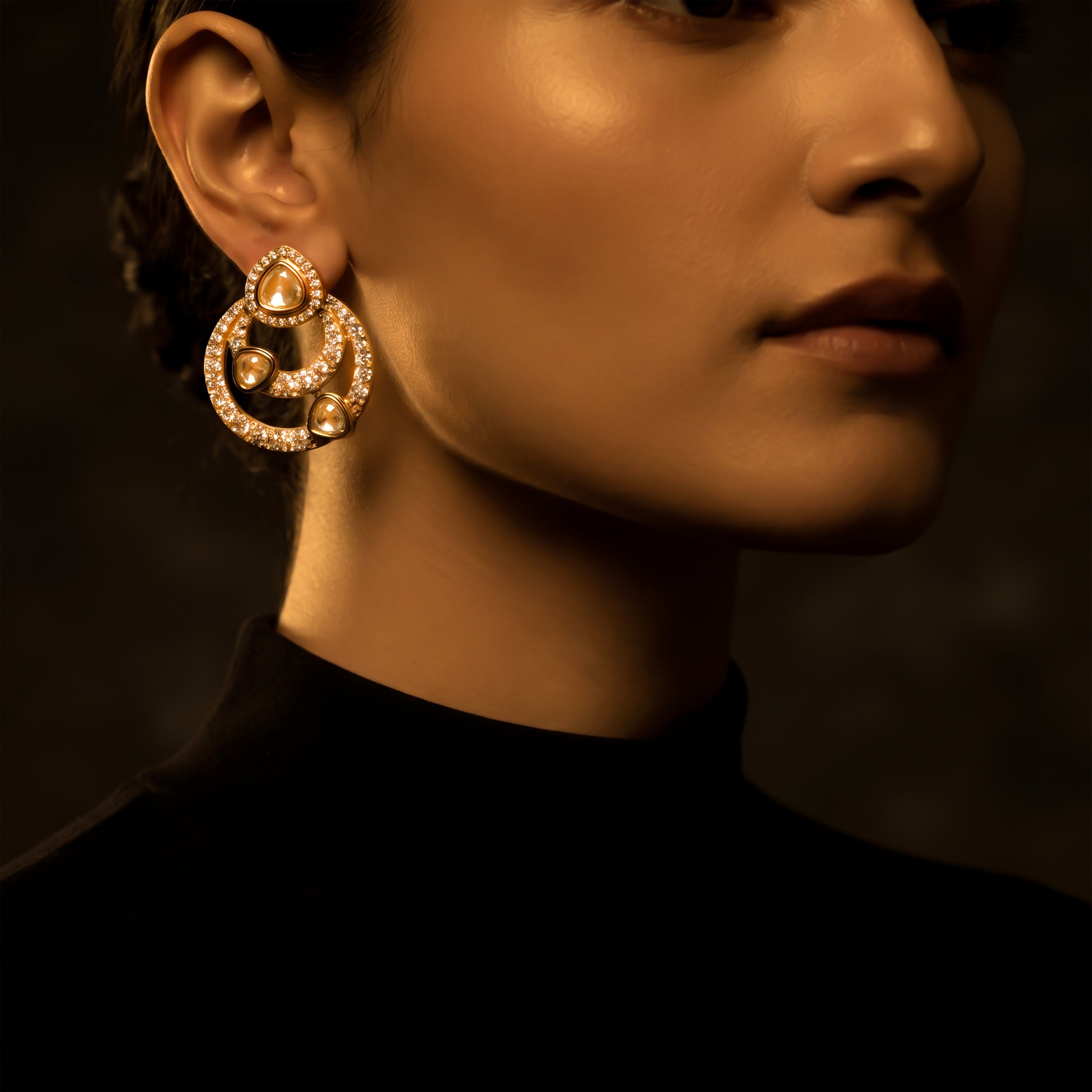 14K Gold Modern Hoop Style Polki Stud Earrings
