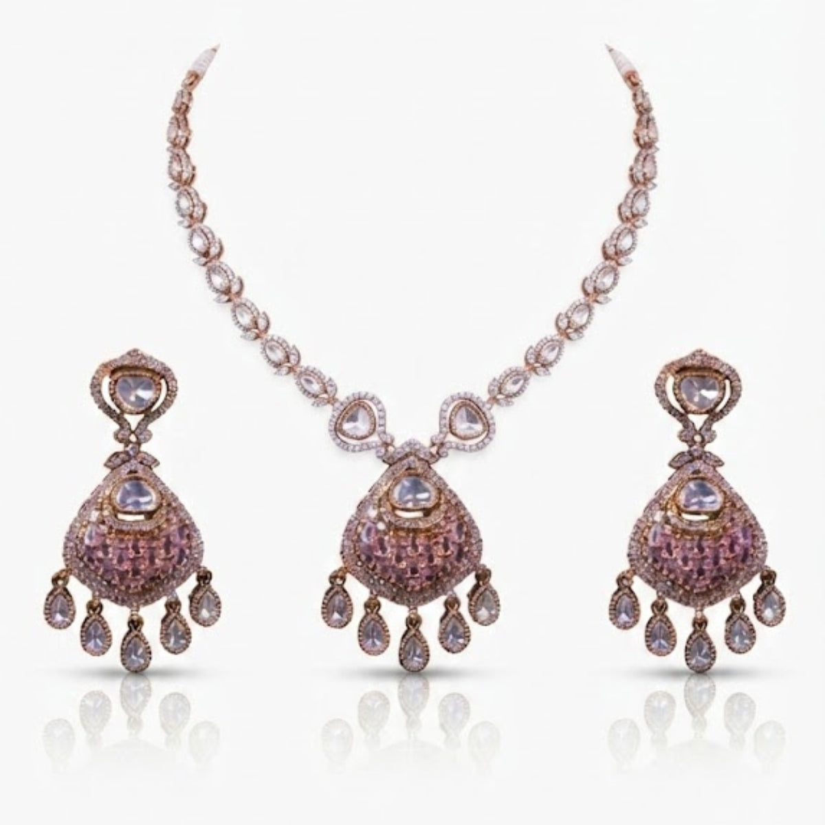Rose Gold Blushing Pink Pave and Uncut Kundan Polki Teardrop Pendant Necklace Set