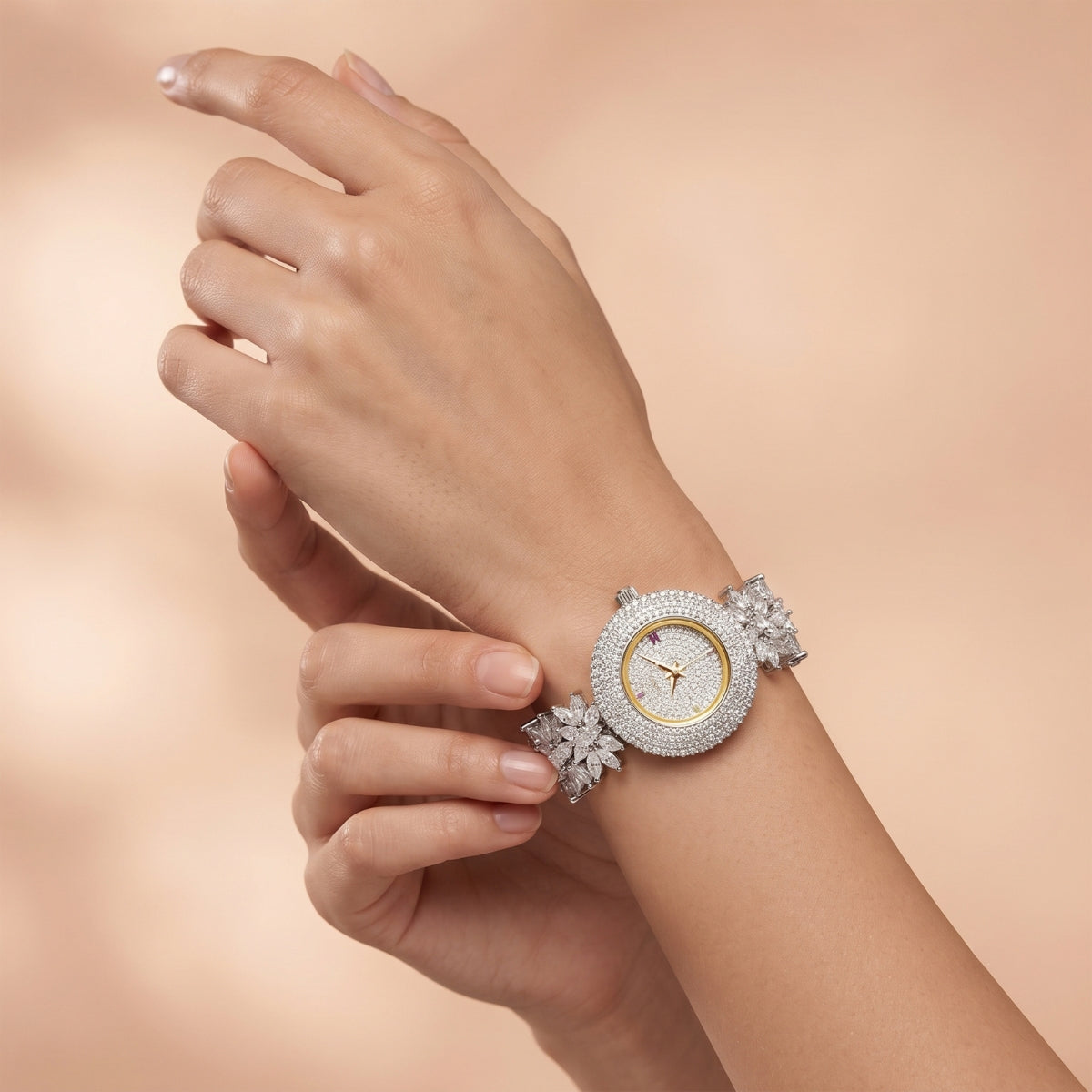 Bhavmayi Luxurious Silver Crystal Pave Bracelet Style Watch for Women