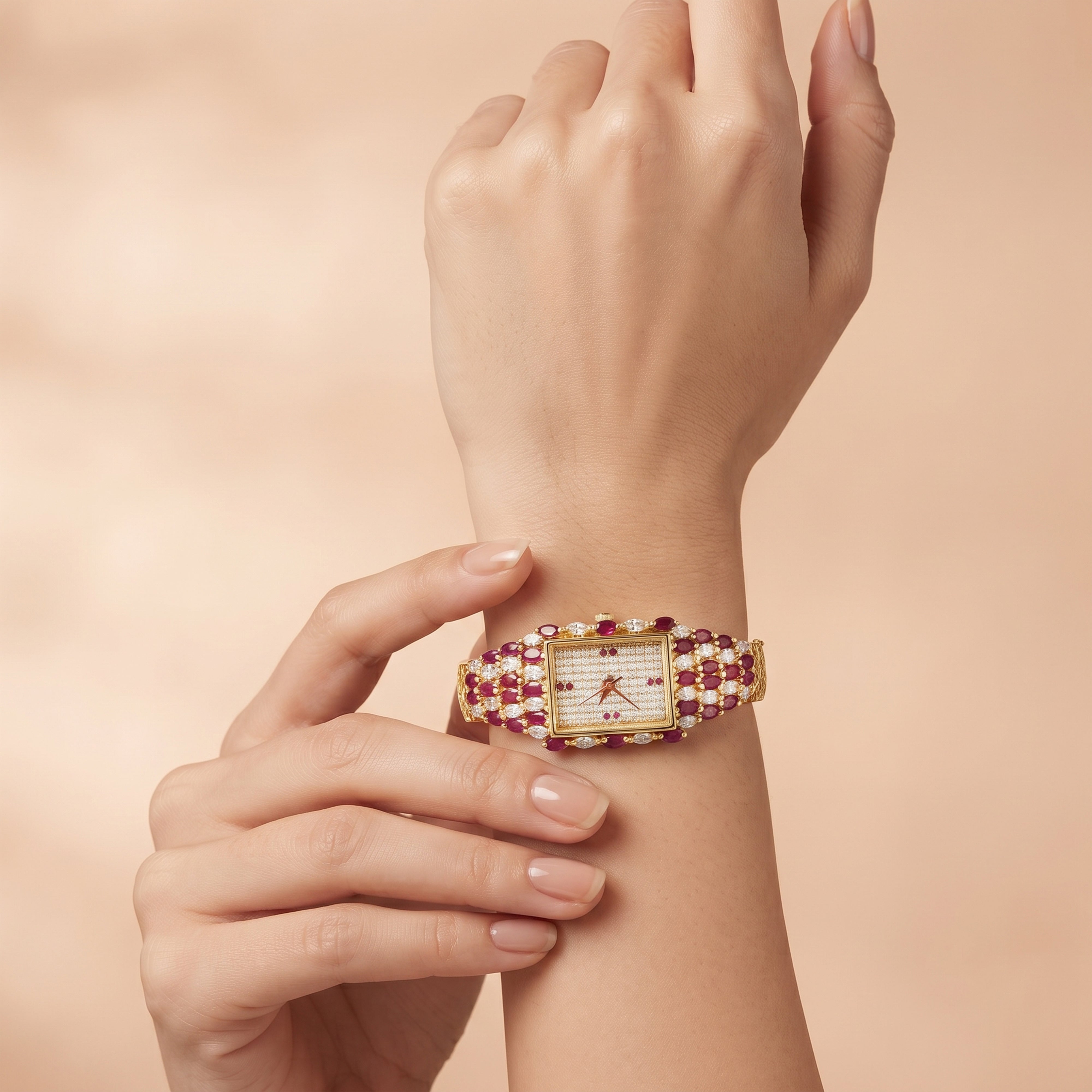 Luxury Gold Ruby & Crystal Jewellery Bracelet Watch with Rectangular Pave Dial Timepiece