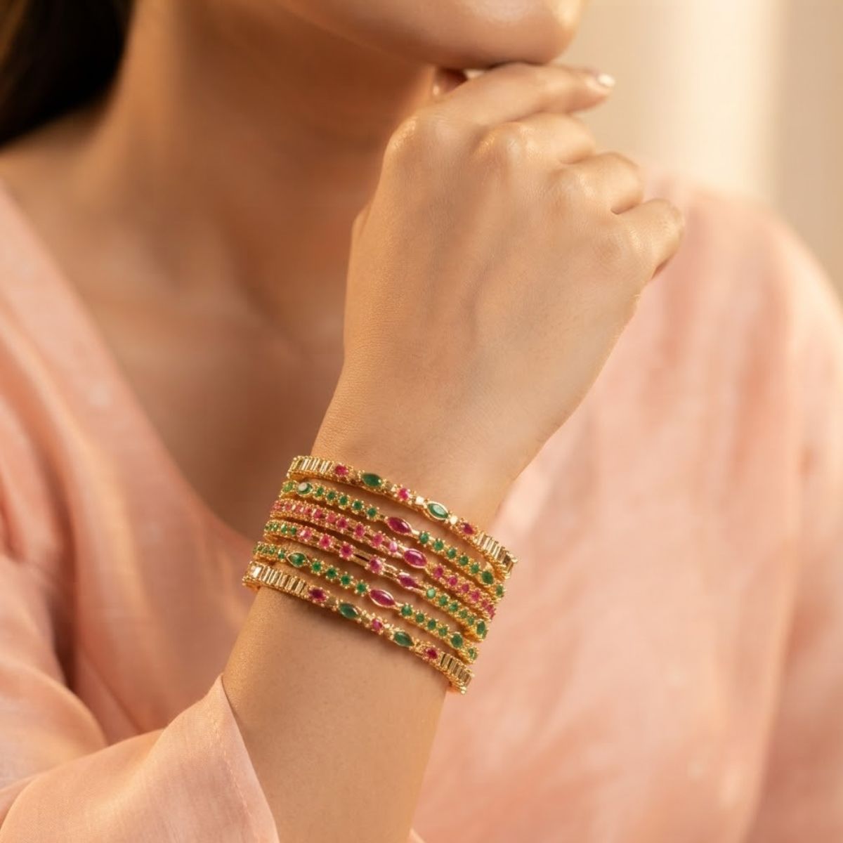 Multi-Color Ruby Red & Emerald Green Stone-Studded Gold Finish Bangle Set