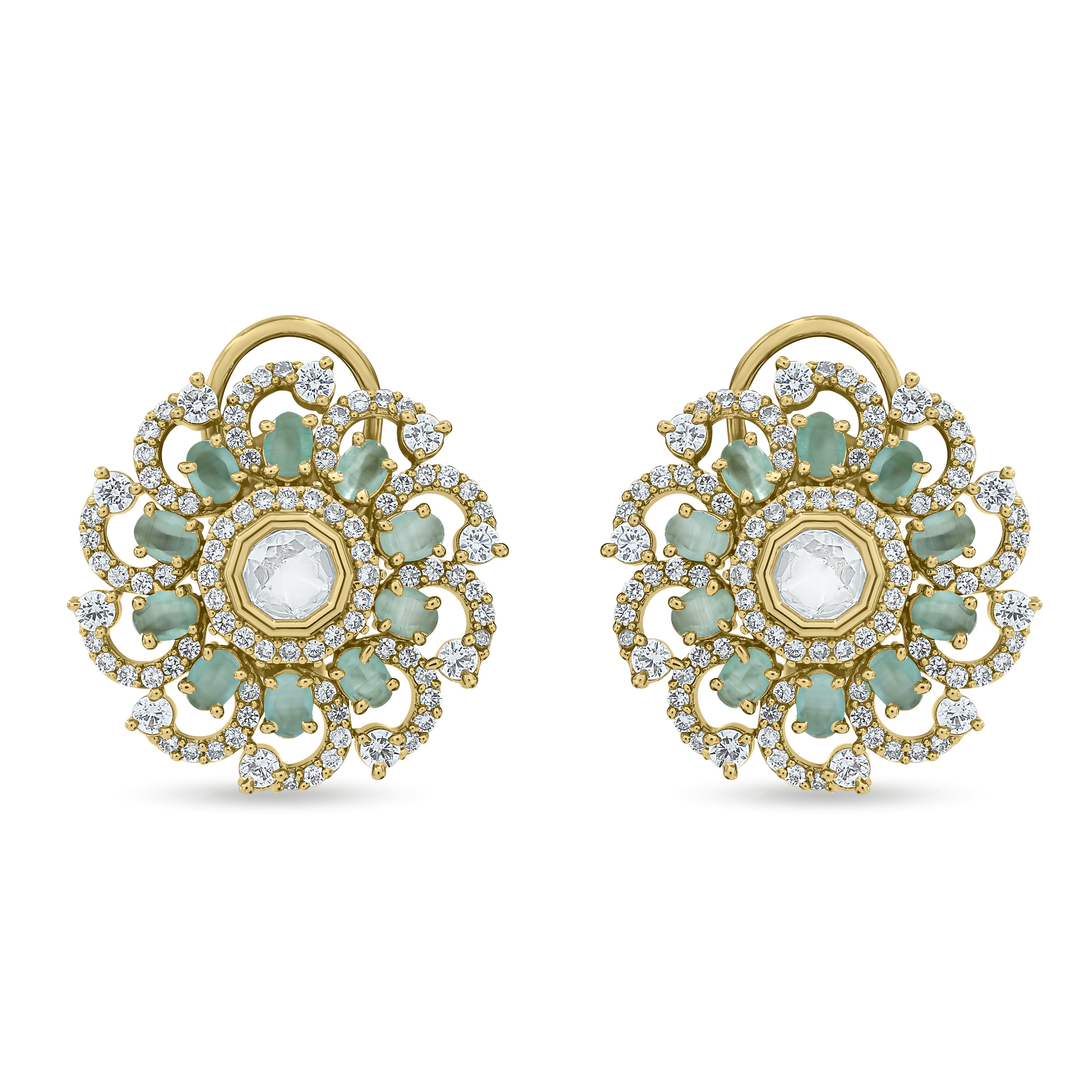 Bhavmayi 14K Gold Ornate Floral Burst Diamond Studded & Deca Cut Polki Accents Earrings