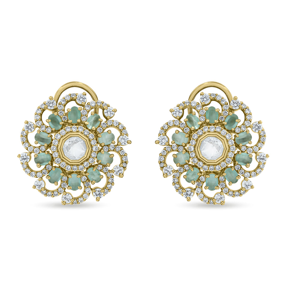 Bhavmayi 14K Gold Ornate Floral Burst Diamond Studded & Deca Cut Polki Accents Earrings