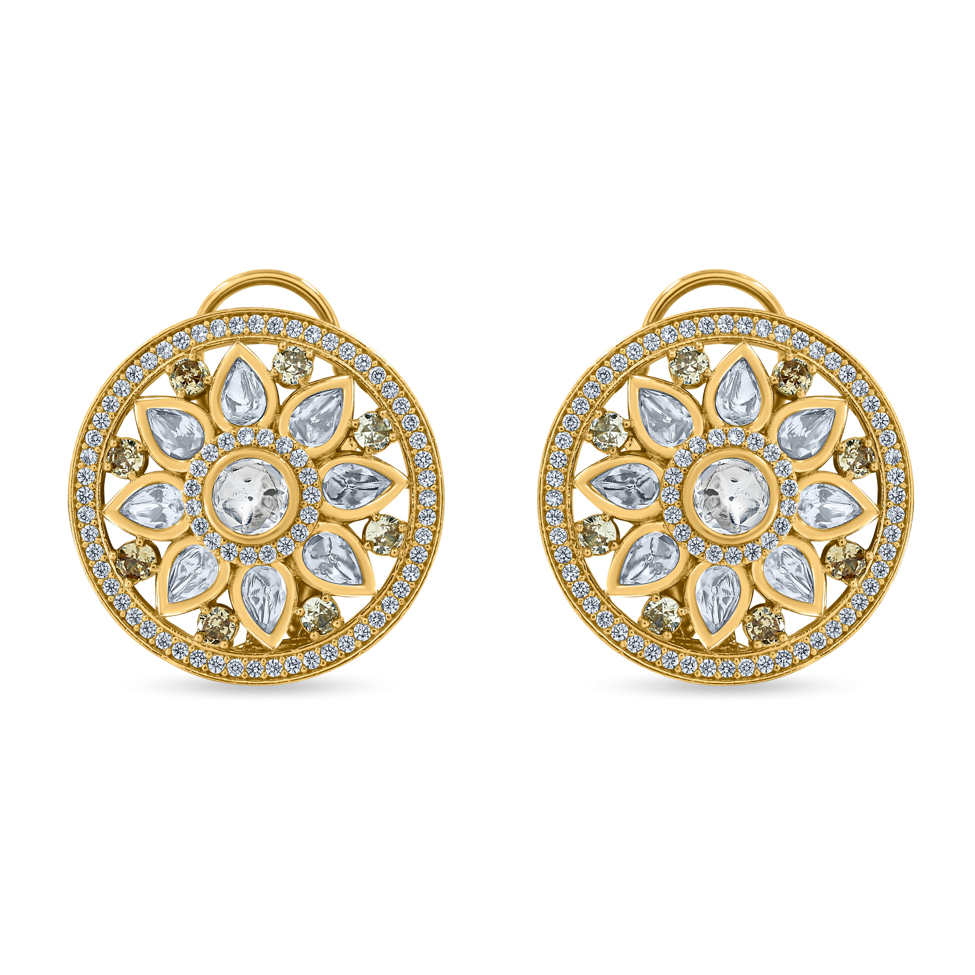 Bhavmayi 14K Gold Round Mandala Stud Earrings with Emerald & Teardrop Diamond Accents