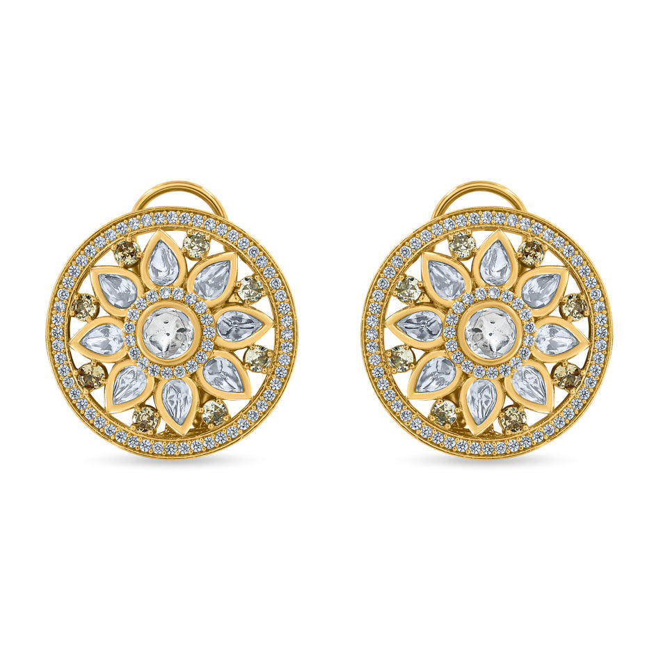 Bhavmayi 14K Gold Round Mandala Stud Earrings with Emerald & Teardrop Diamond Accents