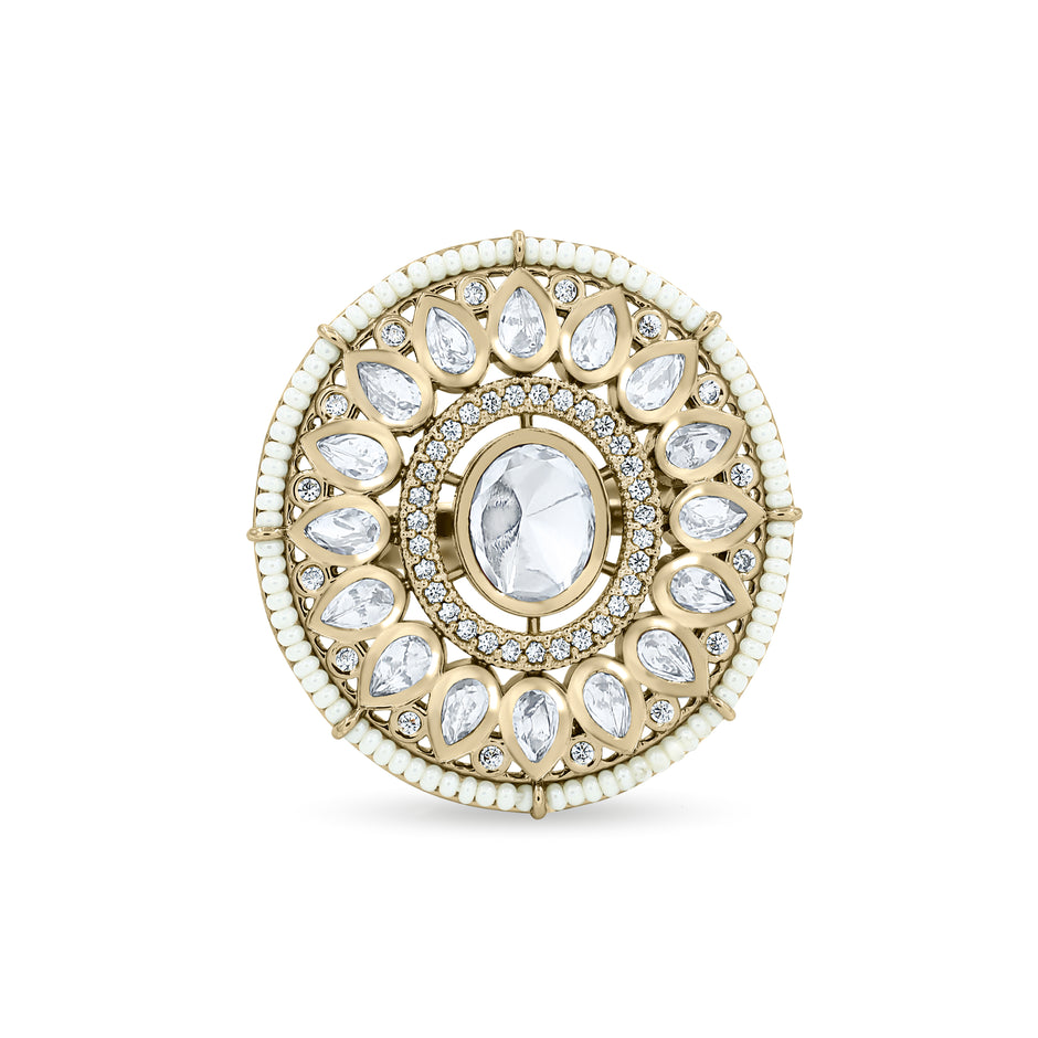 Bhavmayi 14K Yellow Gold Ruby and Diamond Floral Mandala Statement Ring with Seed Pearl Halo