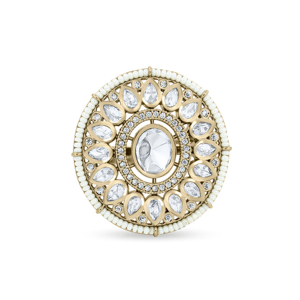 Bhavmayi 14K Yellow Gold Ruby and Diamond Floral Mandala Statement Ring with Seed Pearl Halo