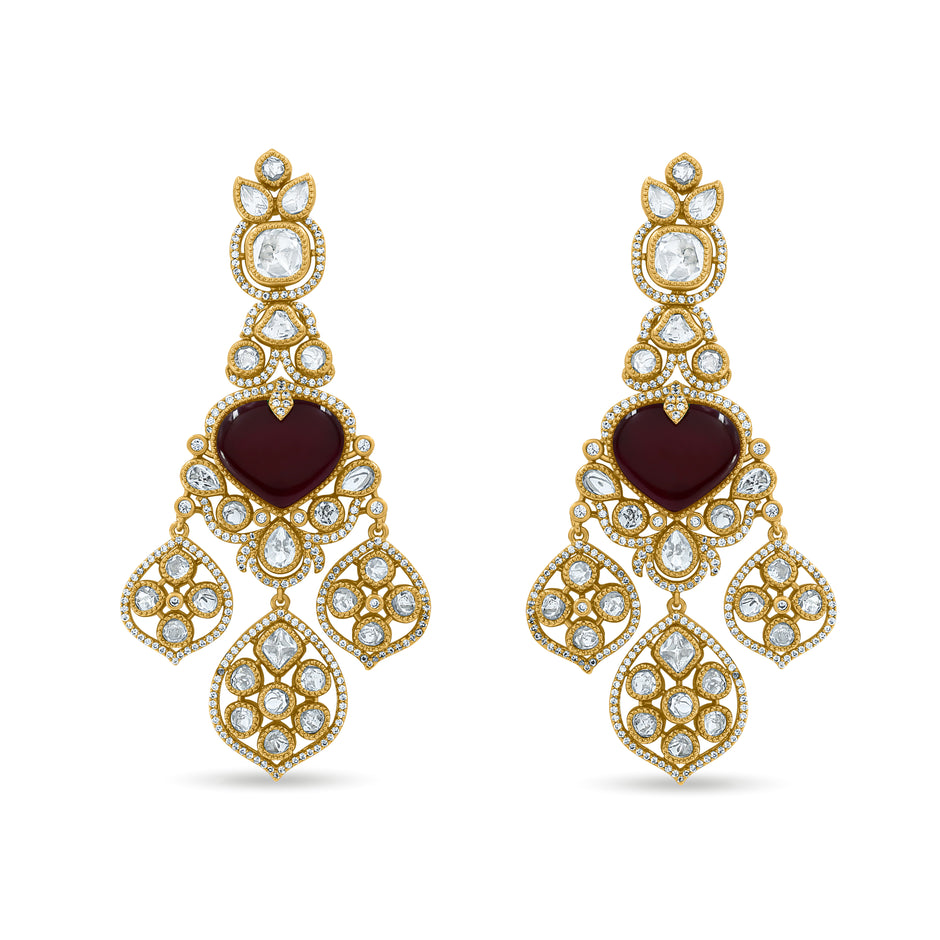 Bhavmayi Royal Heart-Drop Emerald & Gold Filigree Statement Earrings