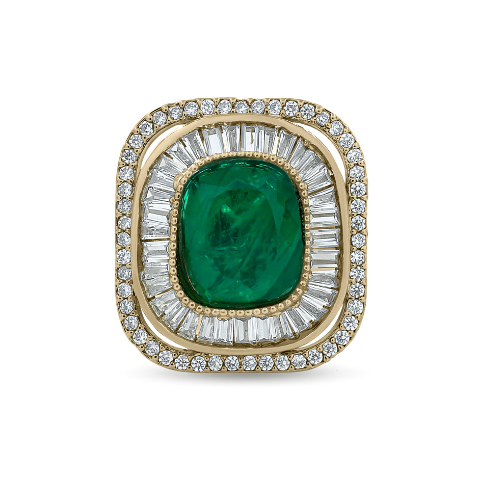 Bhavmayi Diamond Statement Gold Art Deco Oval Ring with Baguette and Pave Cushion Halo