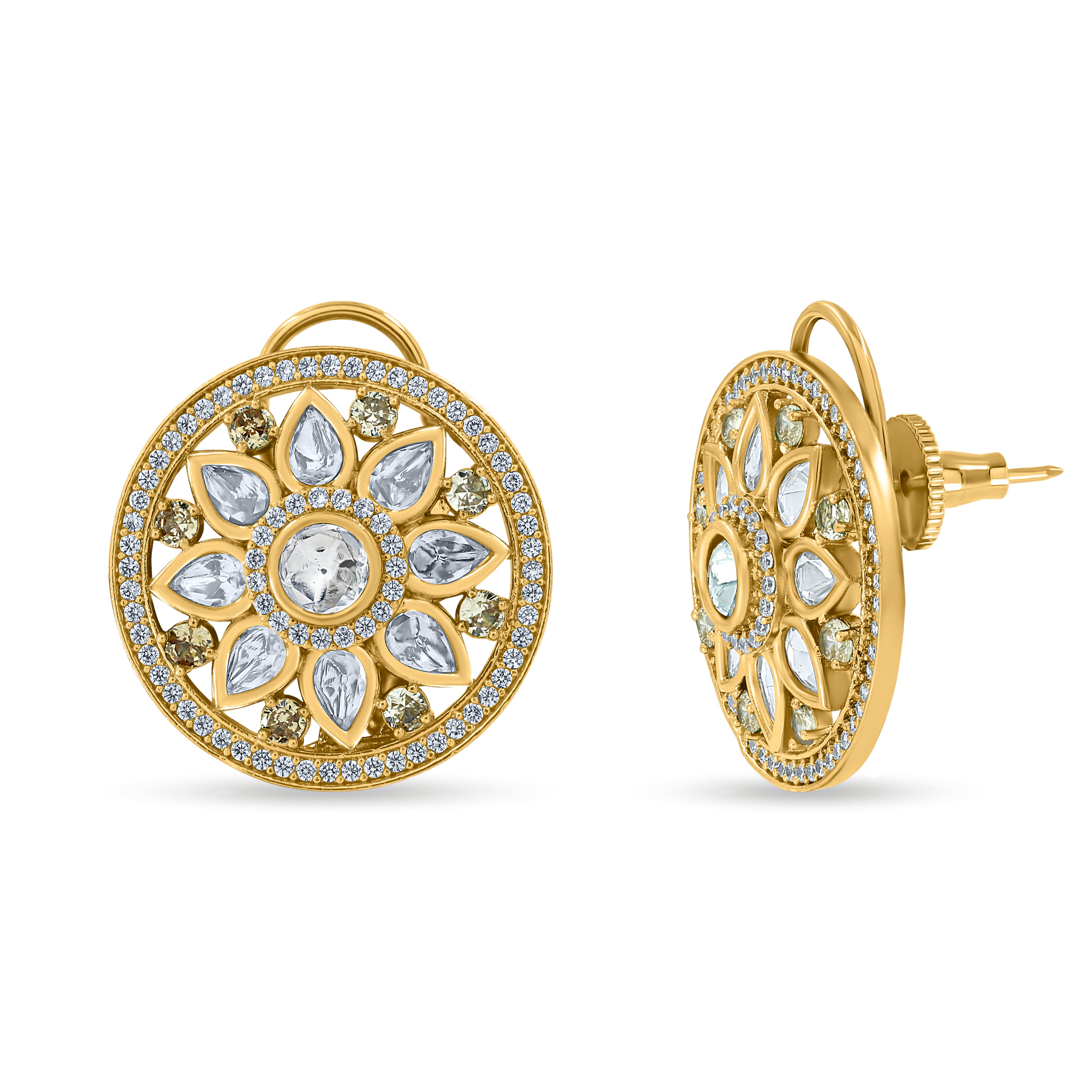 Bhavmayi 14K Gold Round Mandala Stud Earrings with Emerald & Teardrop Diamond Accents