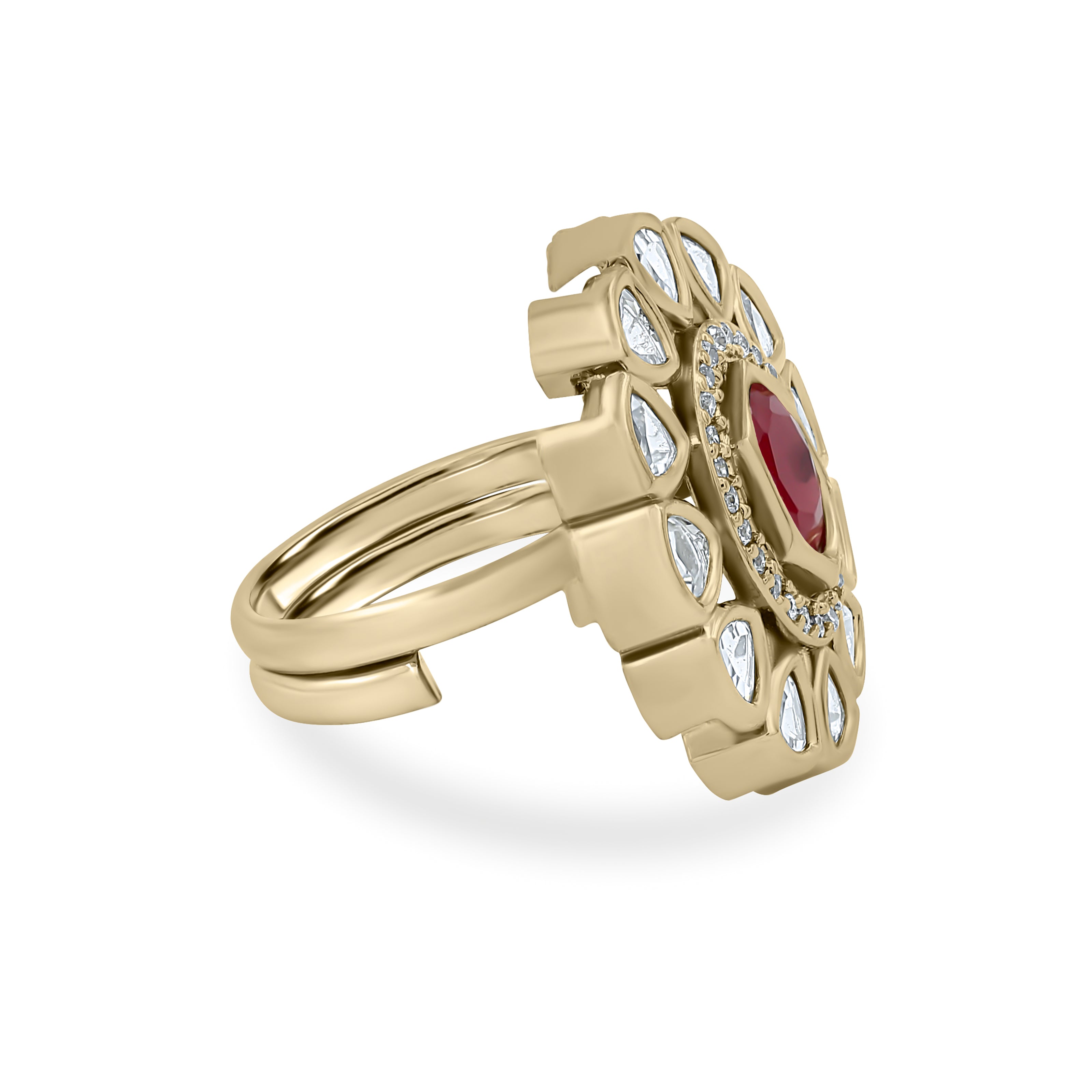 Bhavmayi Oval Zircon Vintage Shield Polki-Diamond Gold Finish Ring with Pave and Trillion Motif Halo