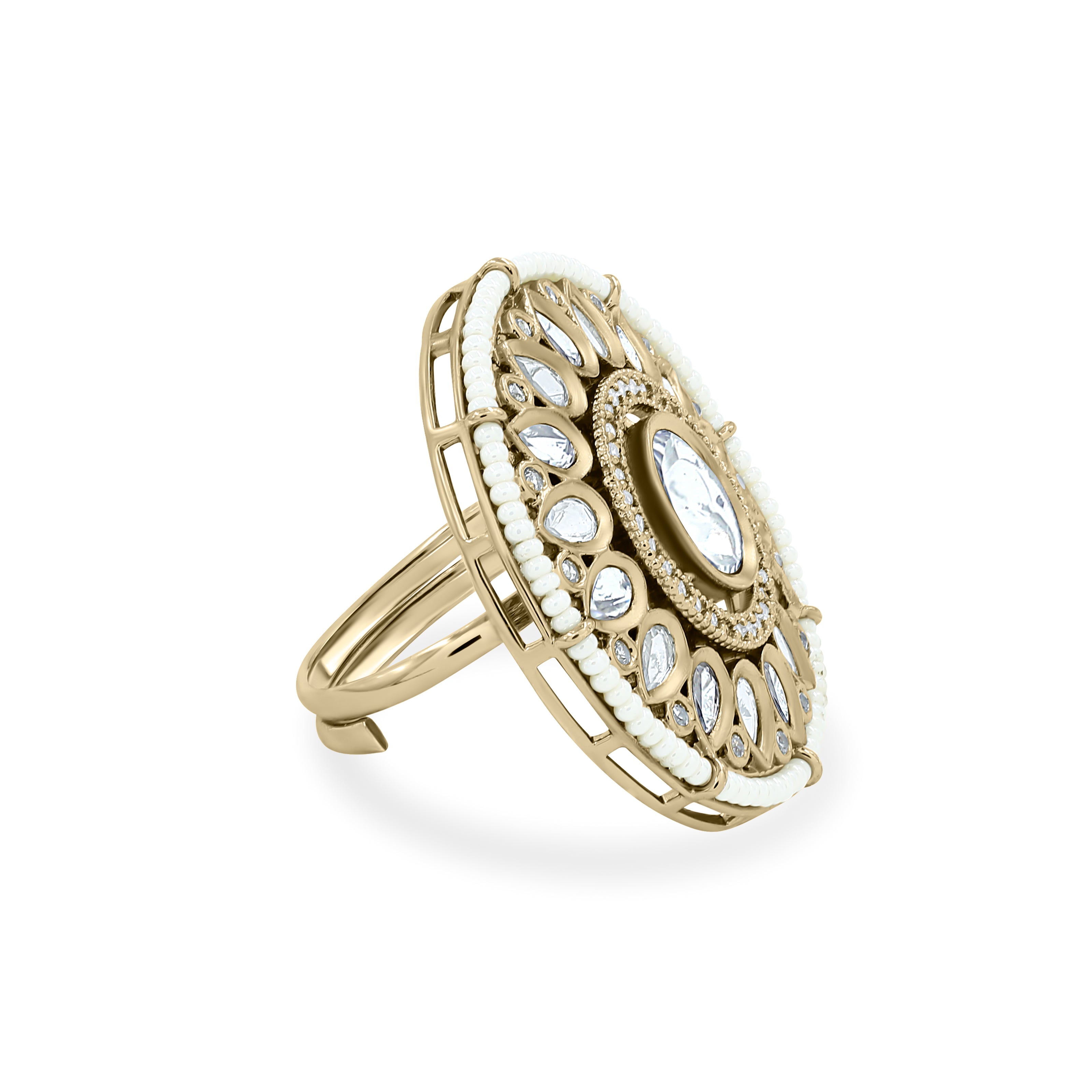 Bhavmayi 14K Yellow Gold Ruby and Diamond Floral Mandala Statement Ring with Seed Pearl Halo