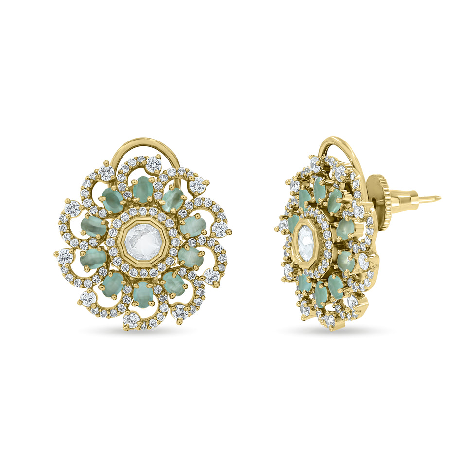 Bhavmayi 14K Gold Ornate Floral Burst Diamond Studded & Deca Cut Polki Accents Earrings