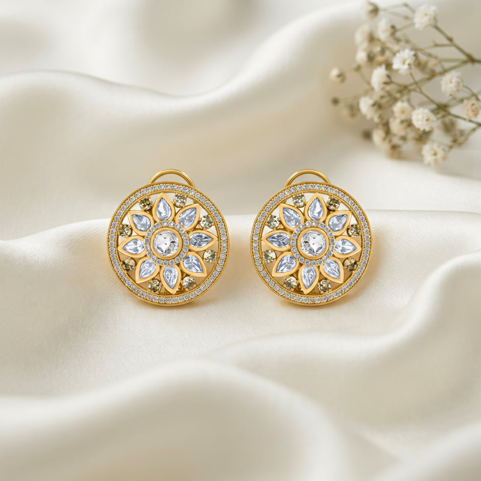 Bhavmayi 14K Gold Round Mandala Stud Earrings with Emerald & Teardrop Diamond Accents