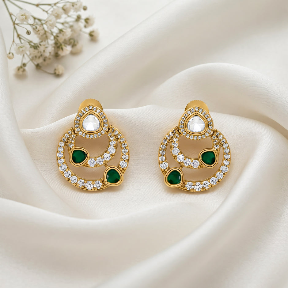 Bhavmayi 14K Gold Modern Hoop-Style Polki Stud Earrings with Diamond Accents