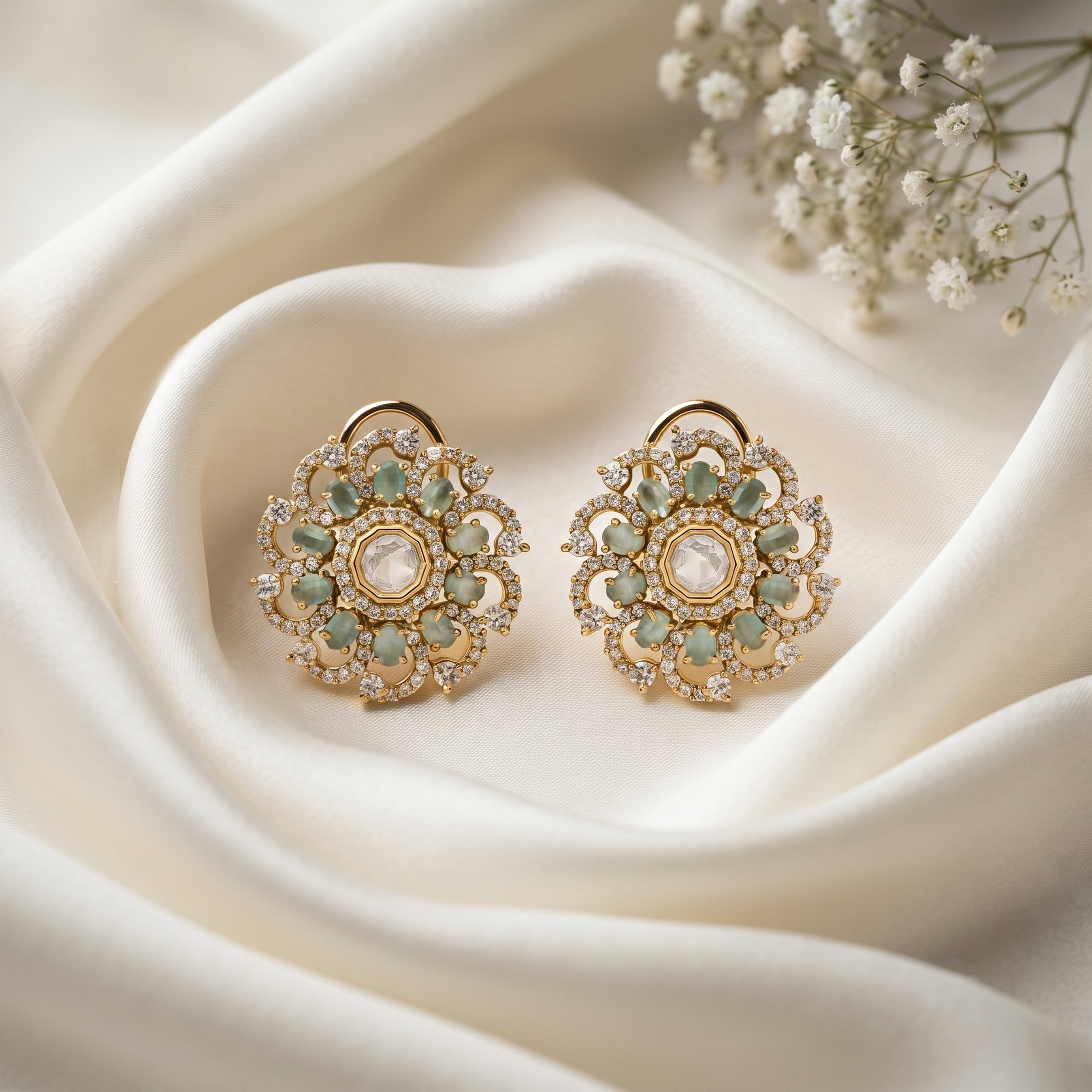 Bhavmayi 14K Gold Ornate Floral Burst Diamond Studded & Deca Cut Polki Accents Earrings