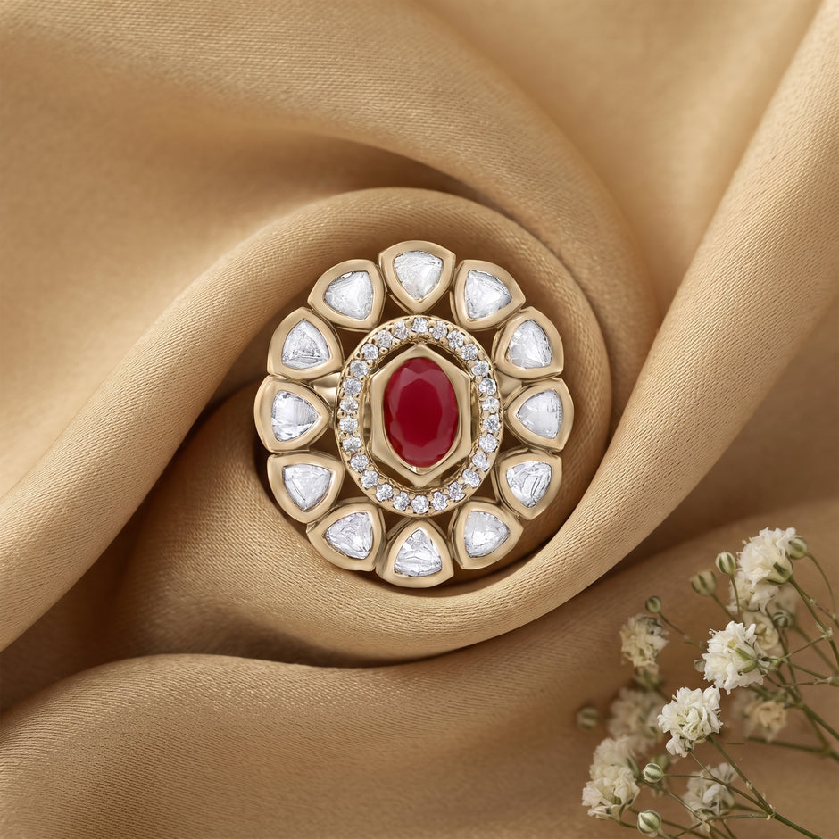 Bhavmayi Oval Zircon Vintage Shield Polki-Diamond Gold Finish Ring with Pave and Trillion Motif Halo