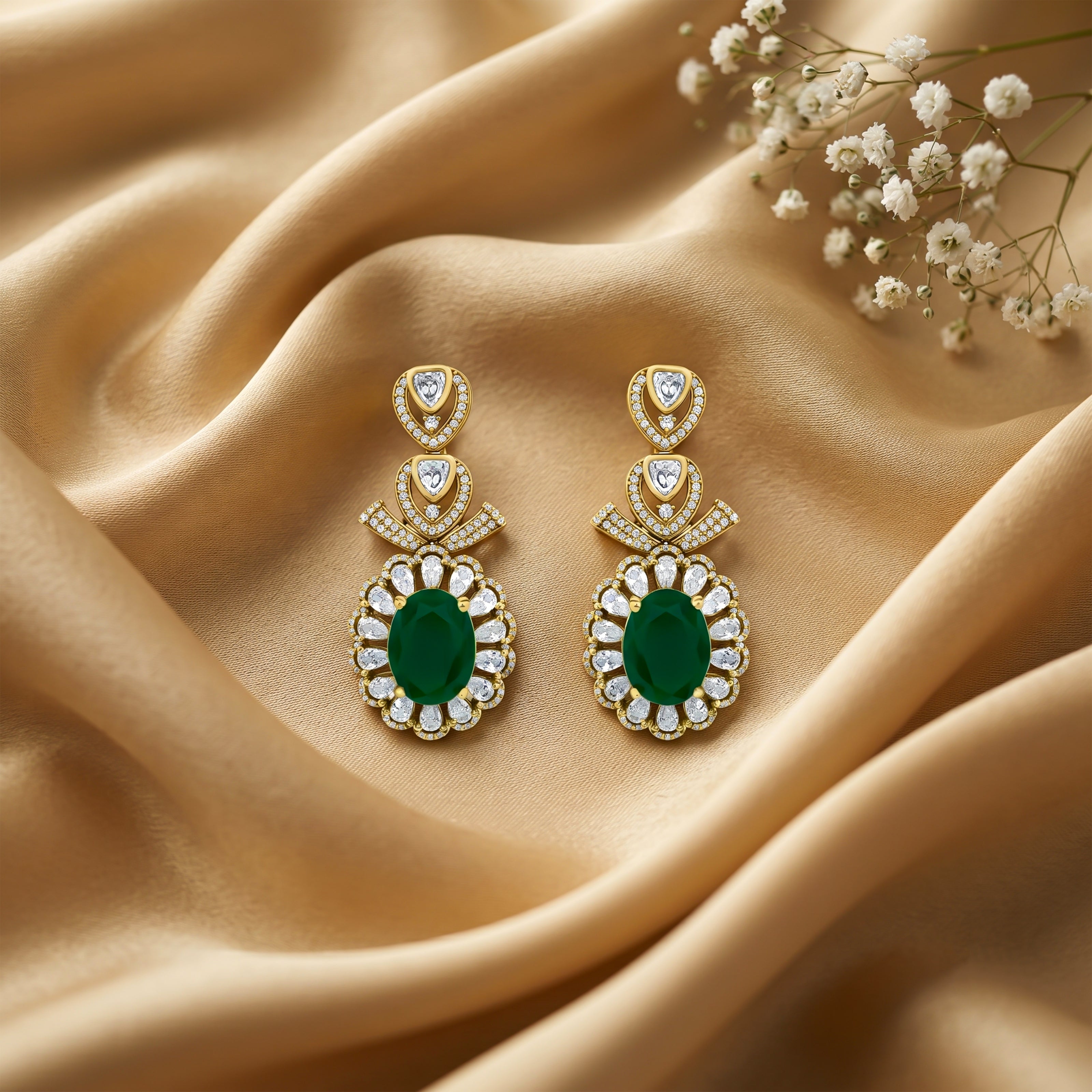 Bhavmayi 14K Gold Grand Floral Oval & Teardrop Statement Drop Earrings