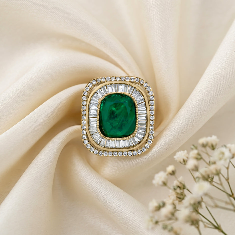 Bhavmayi Diamond Statement Gold Art Deco Oval Ring with Baguette and Pave Cushion Halo
