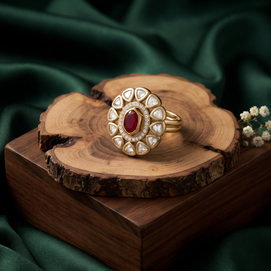 Bhavmayi Oval Zircon Vintage Shield Polki-Diamond Gold Finish Ring with Pave and Trillion Motif Halo