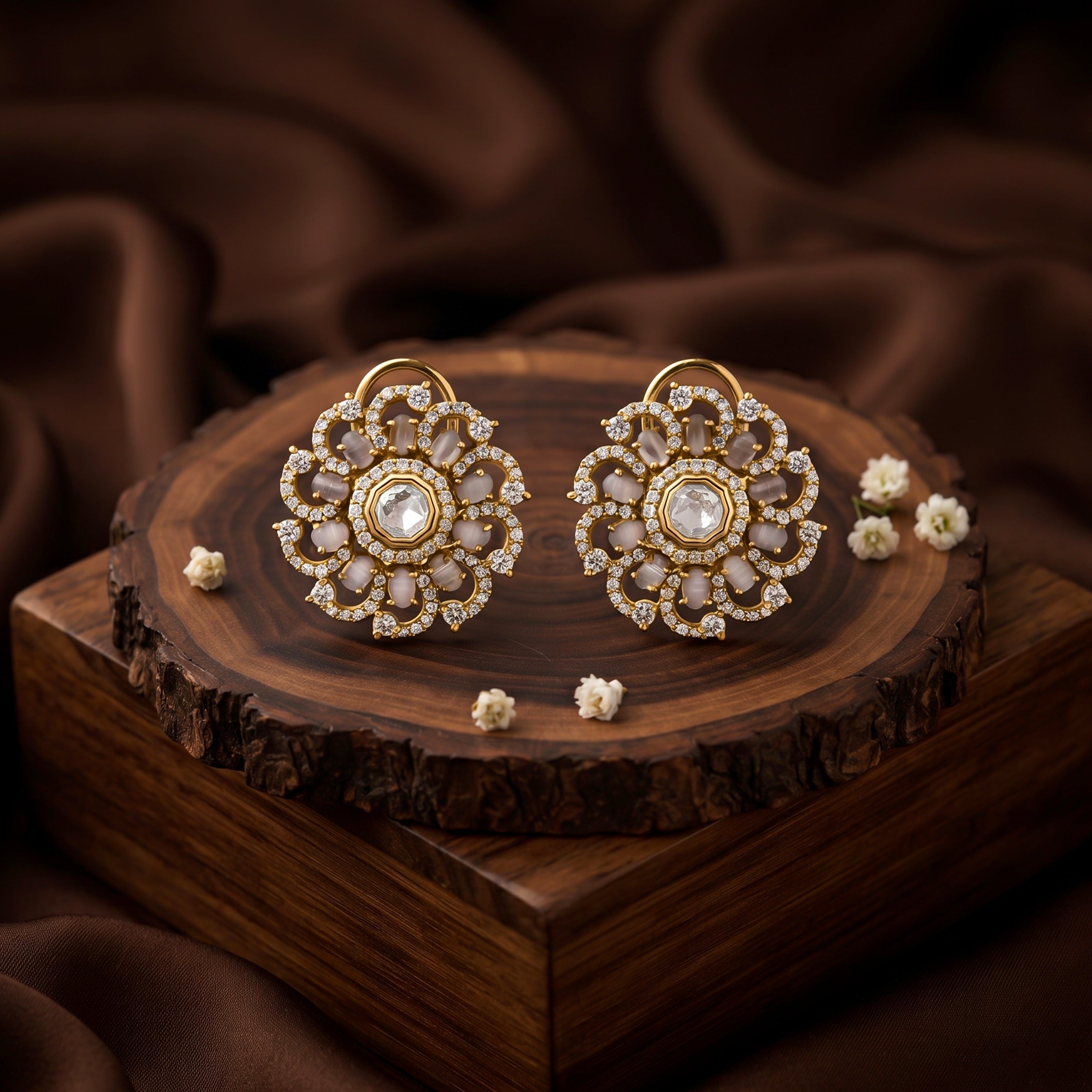 Bhavmayi 14K Gold Ornate Floral Burst Diamond Studded & Deca Cut Polki Accents Earrings