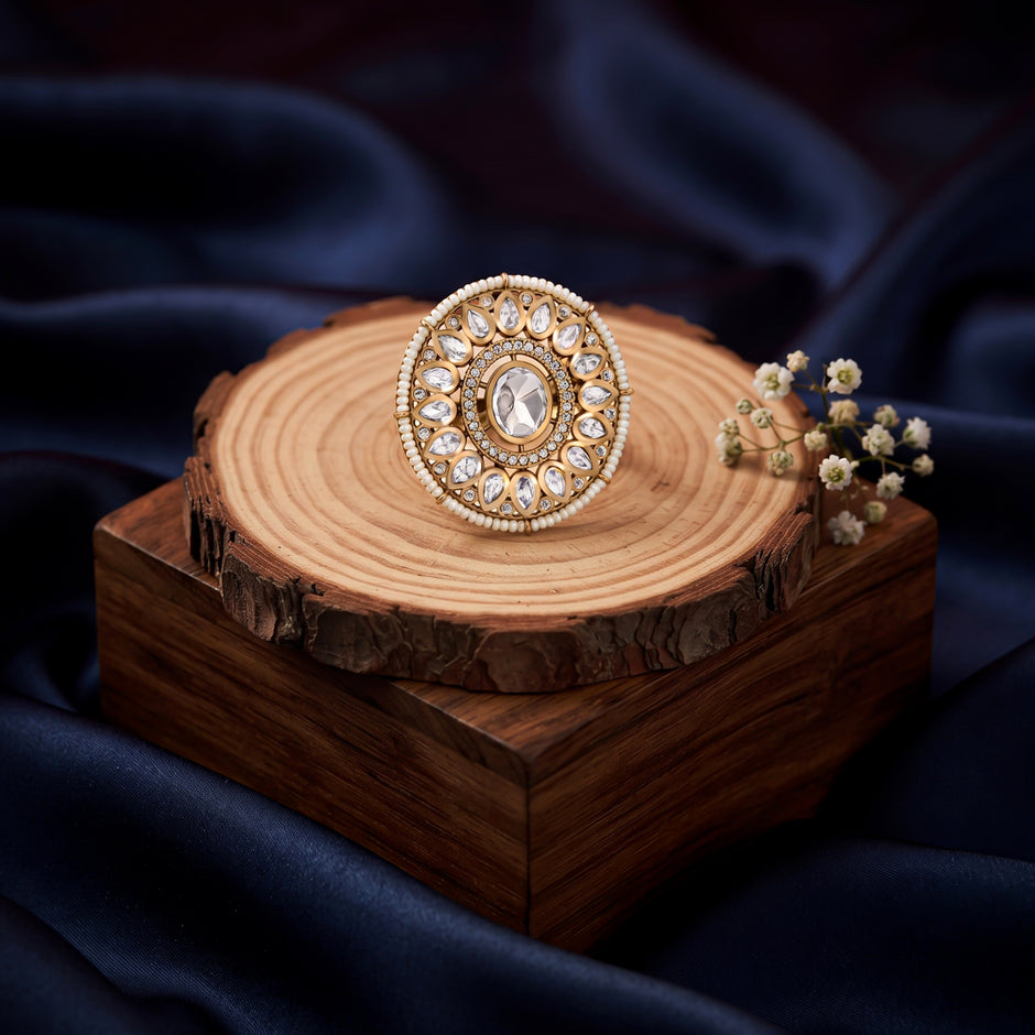 Bhavmayi 14K Yellow Gold Ruby and Diamond Floral Mandala Statement Ring with Seed Pearl Halo