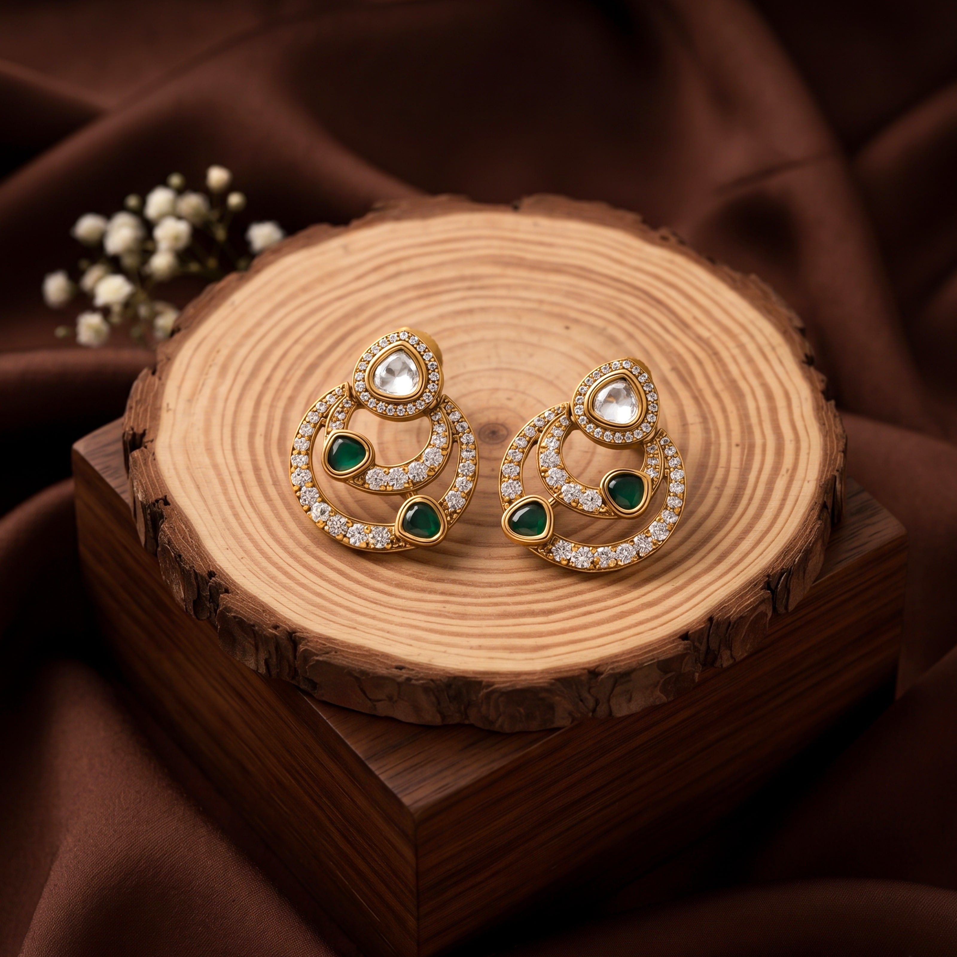 Bhavmayi 14K Gold Modern Hoop-Style Polki Stud Earrings with Diamond Accents