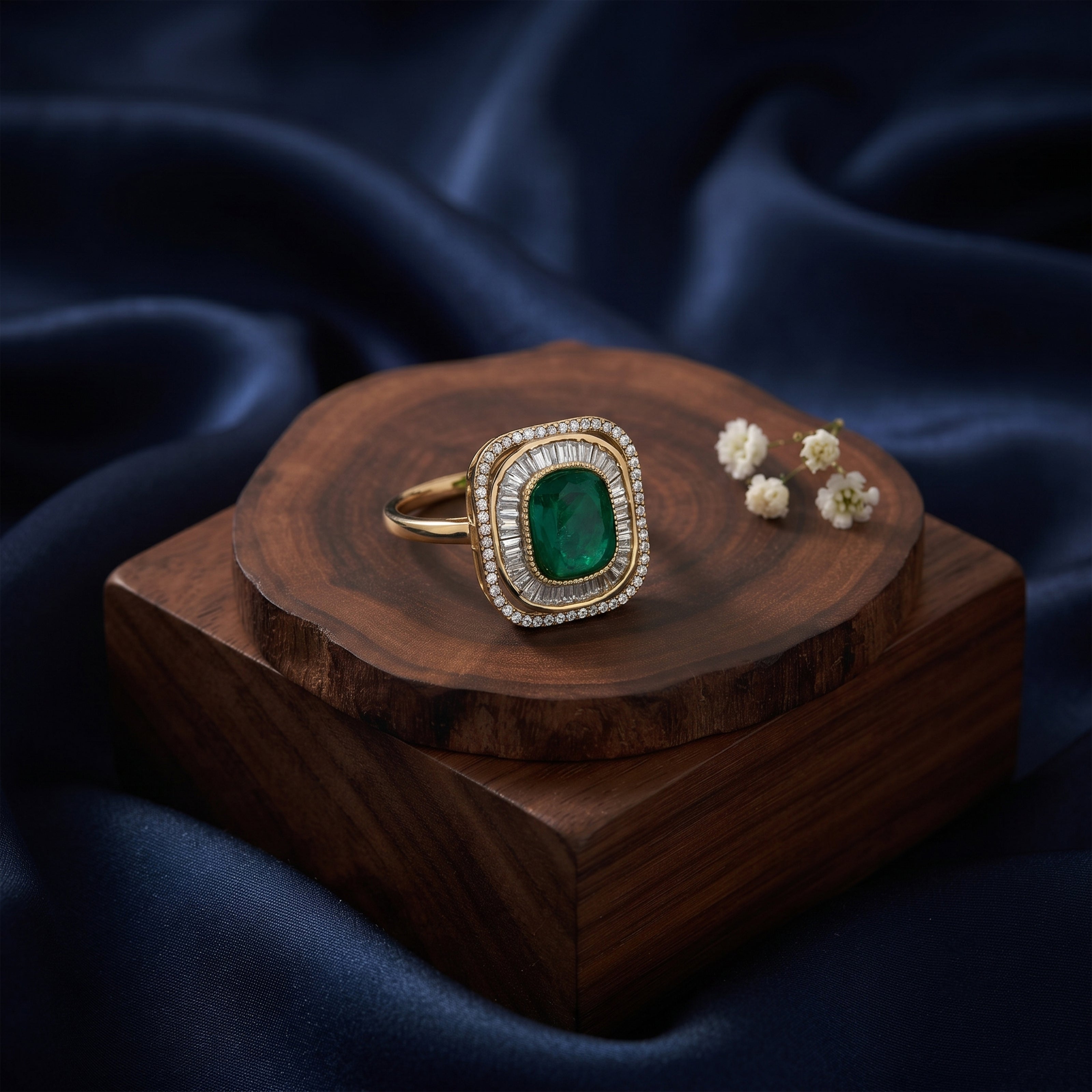 Bhavmayi Diamond Statement Gold Art Deco Oval Ring with Baguette and Pave Cushion Halo