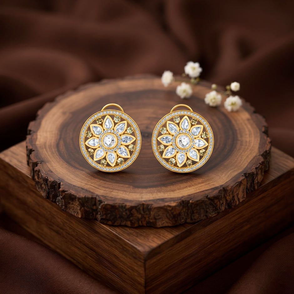 Bhavmayi 14K Gold Round Mandala Stud Earrings with Emerald & Teardrop Diamond Accents