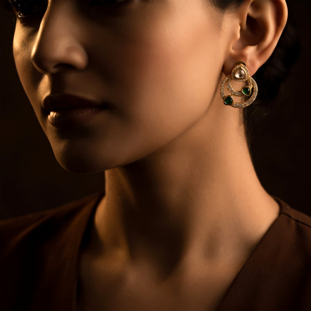Bhavmayi 14K Gold Modern Hoop-Style Polki Stud Earrings with Diamond Accents
