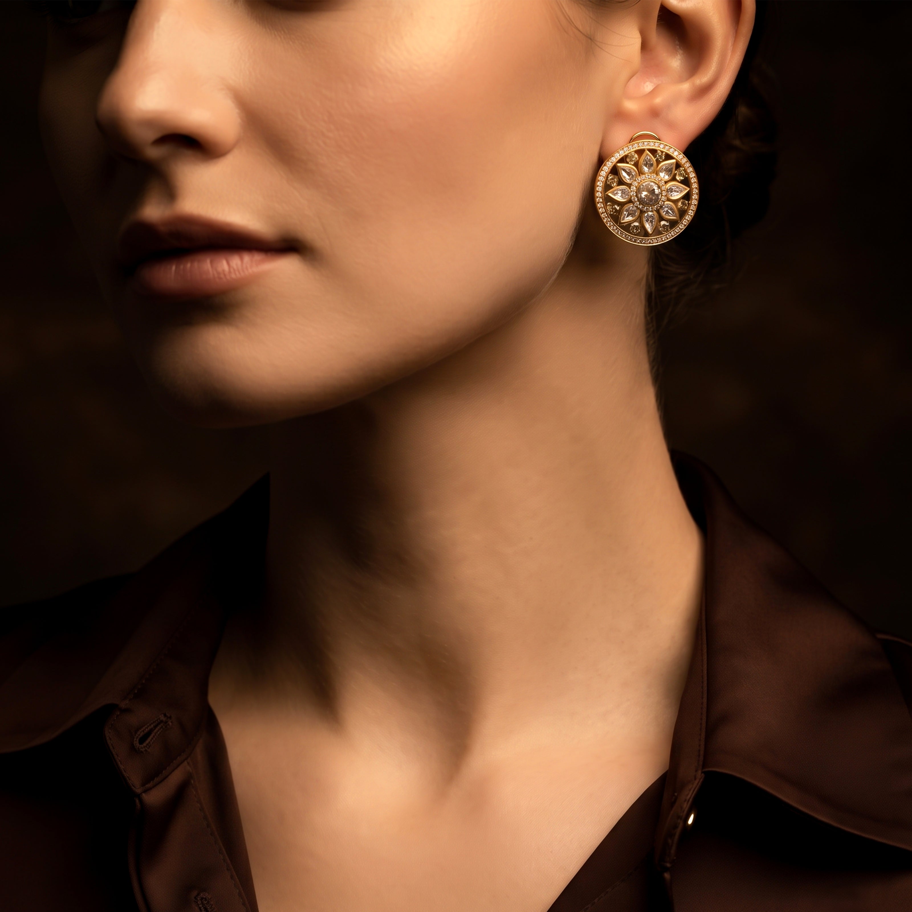Bhavmayi 14K Gold Round Mandala Stud Earrings with Emerald & Teardrop Diamond Accents
