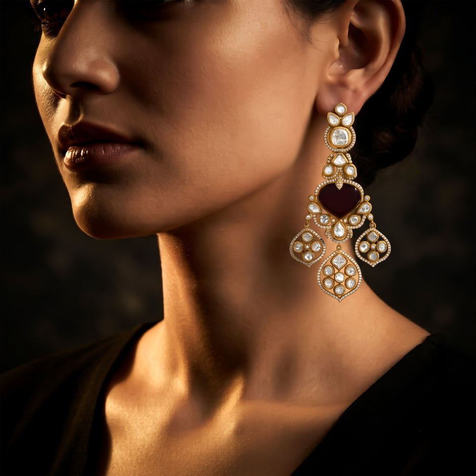 Bhavmayi Royal Heart-Drop Emerald & Gold Filigree Statement Earrings