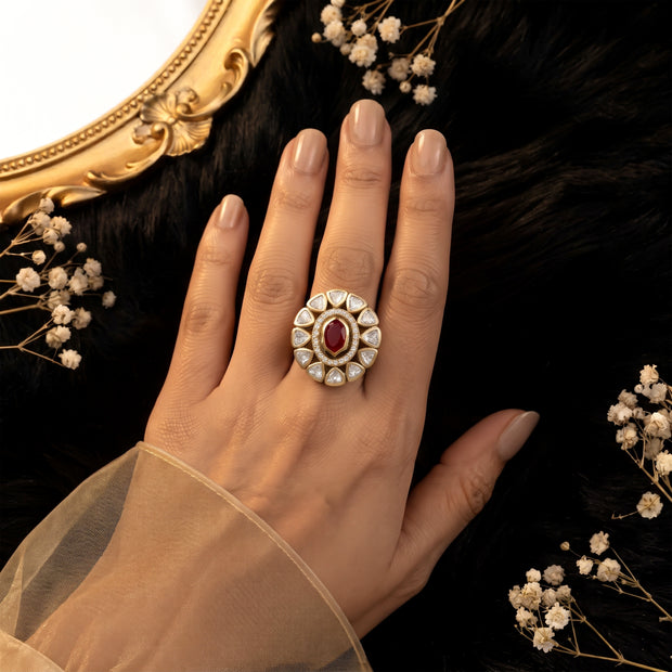 Bhavmayi Oval Zircon Vintage Shield Polki-Diamond Gold Finish Ring with Pave and Trillion Motif Halo