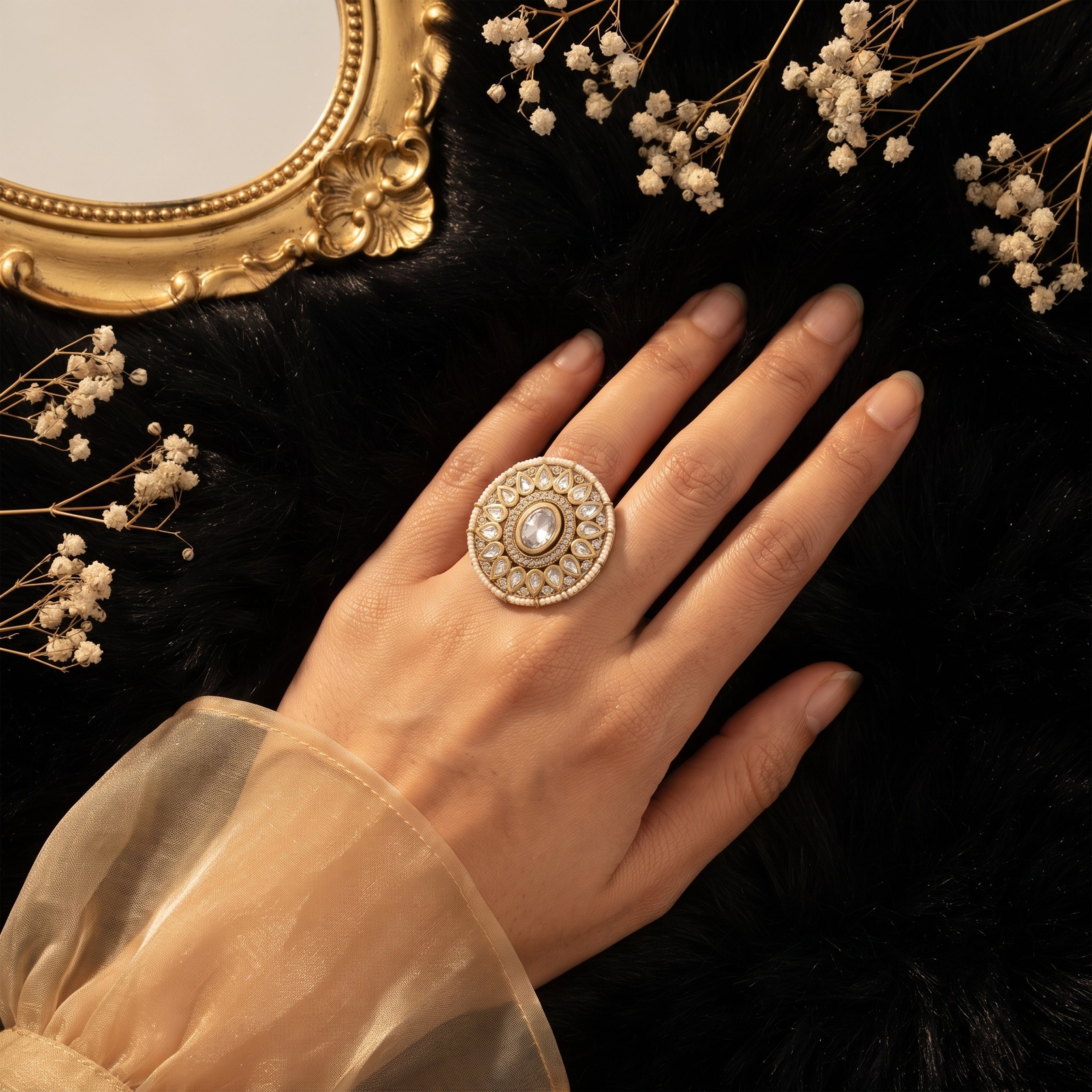 Bhavmayi 14K Yellow Gold Ruby and Diamond Floral Mandala Statement Ring with Seed Pearl Halo