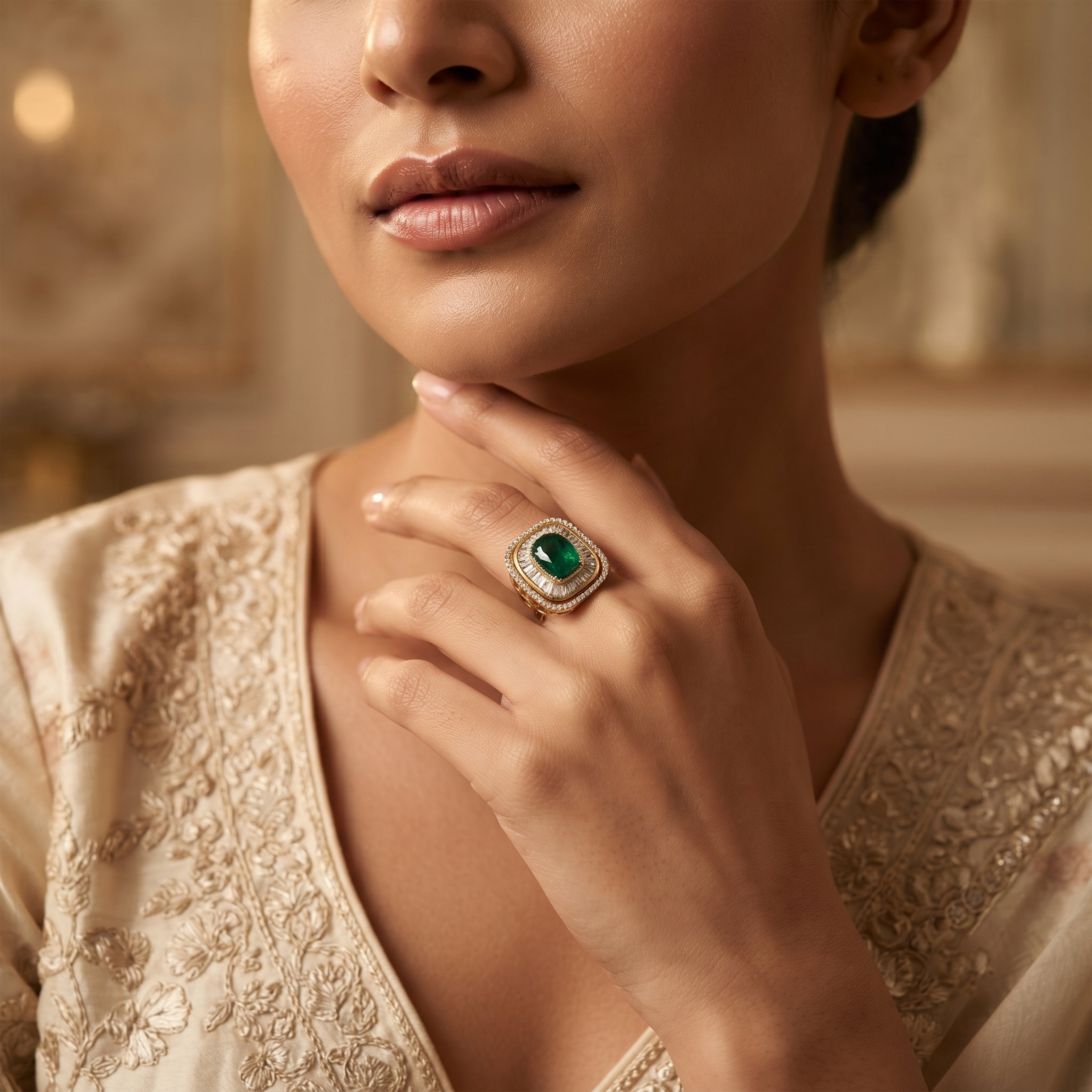 Bhavmayi Diamond Statement Gold Art Deco Oval Ring with Baguette and Pave Cushion Halo