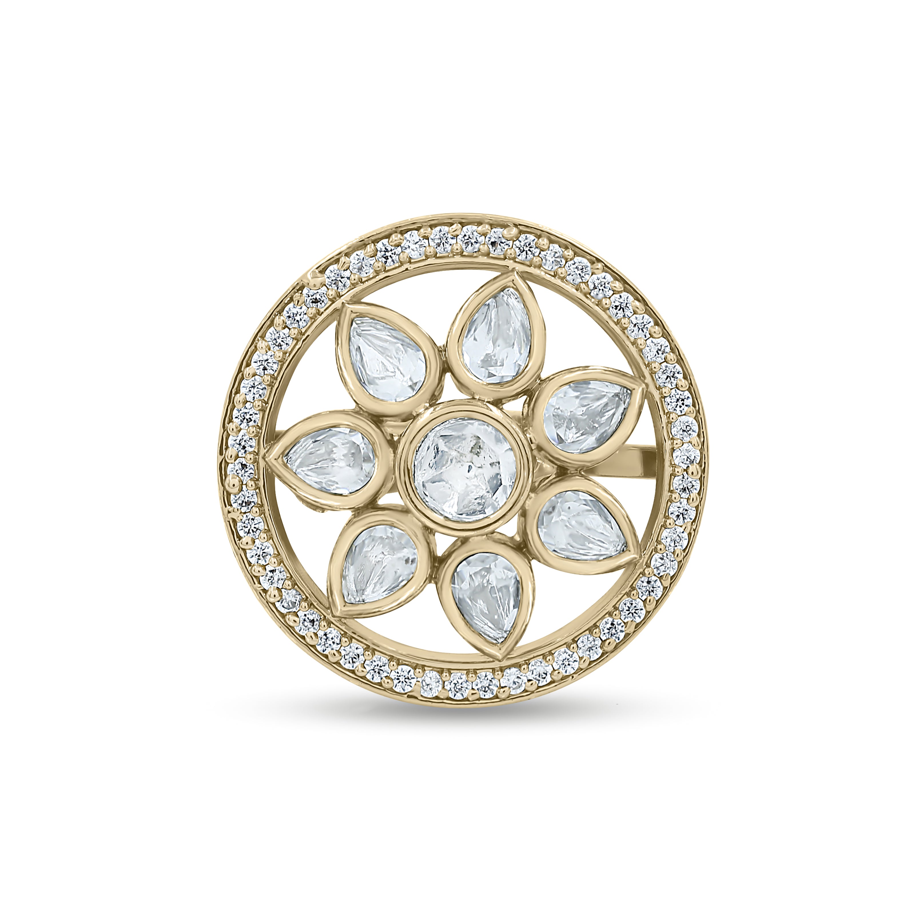 Bhavmayi Flower Mandala Statement Polki-Diamond-Gold Finish Ring