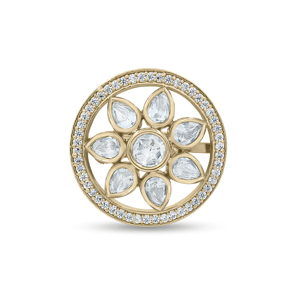 Bhavmayi Flower Mandala Statement Polki-Diamond-Gold Finish Ring