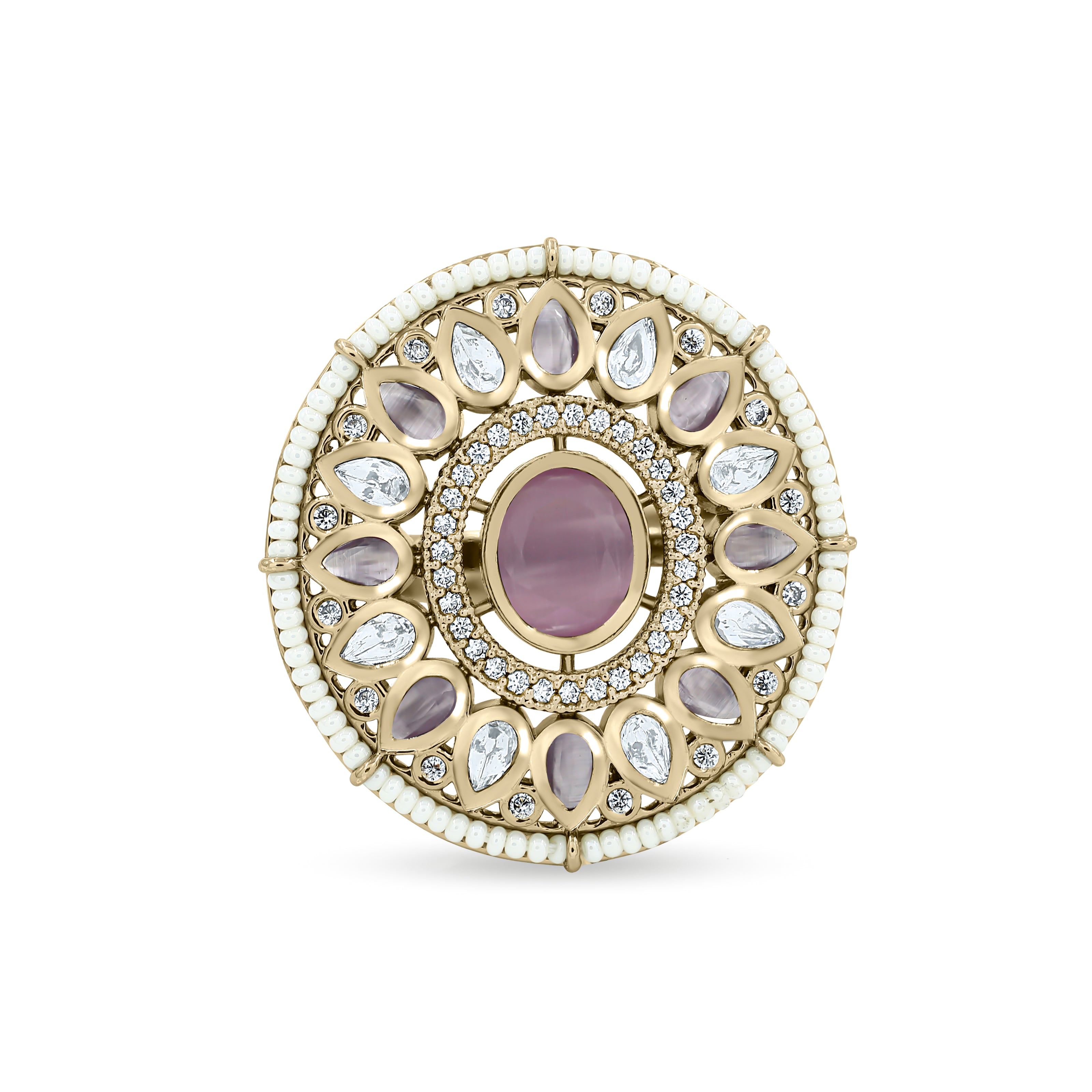 Bhavmayi 14K Yellow Gold Ruby and Diamond Floral Mandala Statement Ring with Seed Pearl Halo
