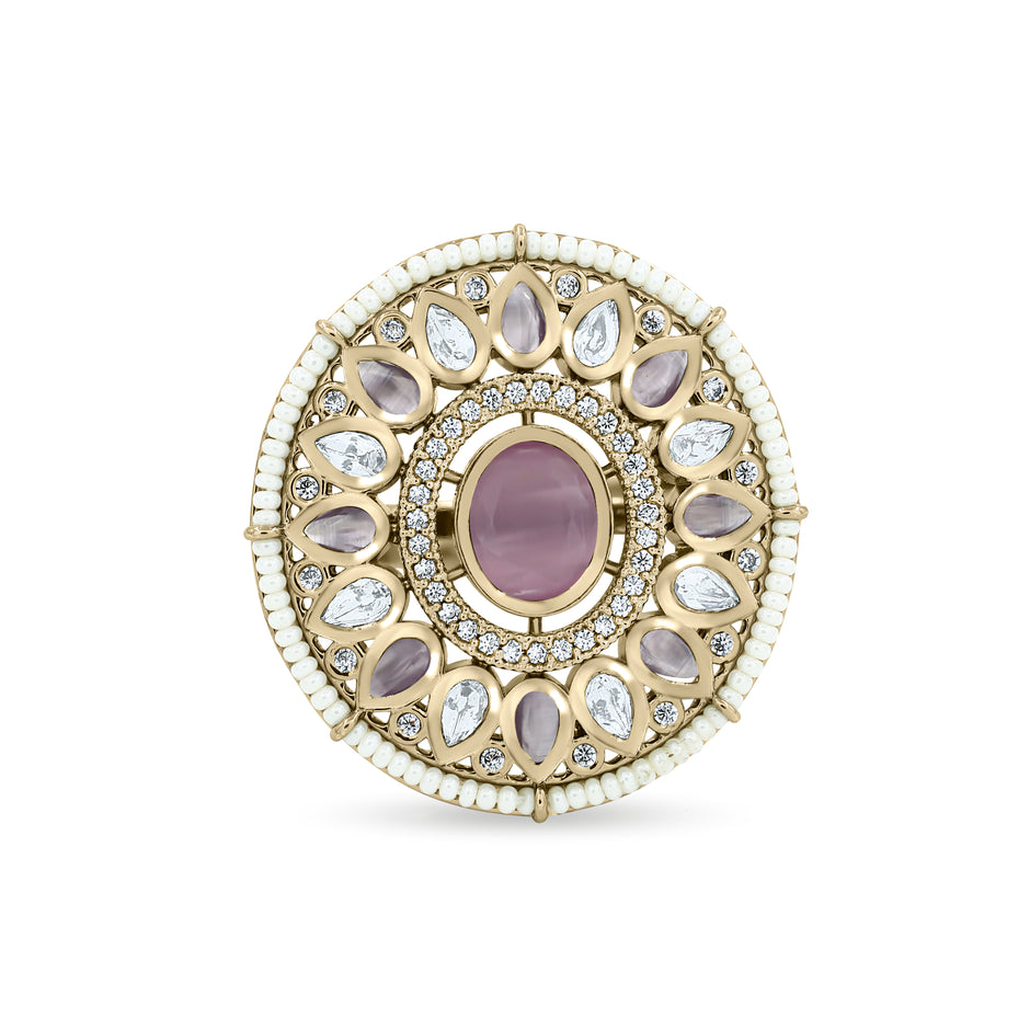 Bhavmayi 14K Yellow Gold Ruby and Diamond Floral Mandala Statement Ring with Seed Pearl Halo