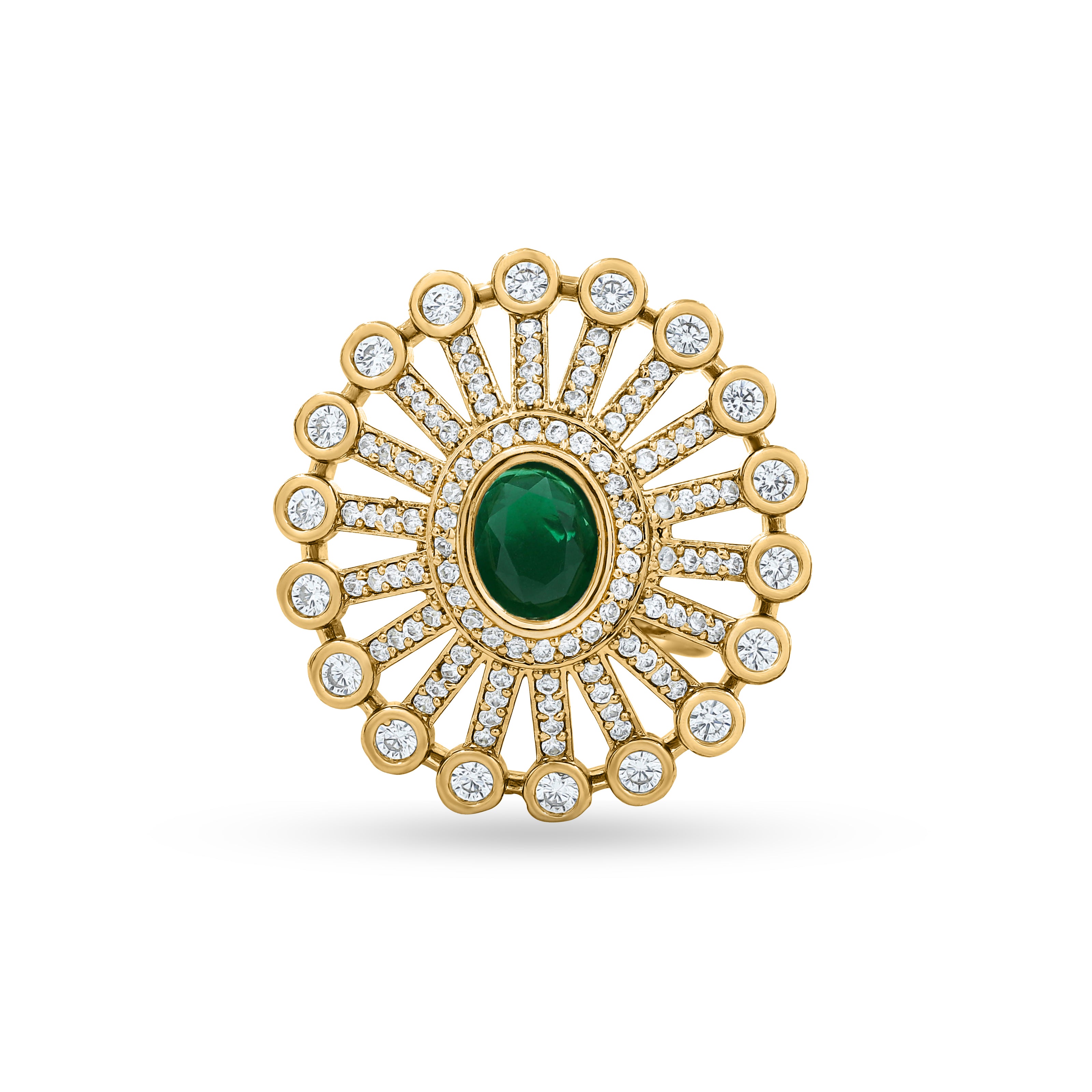Bhavmayi 14K Gold Finish Modern Sunburst Spokes Pave Outer Halo Oval Diamond Statement  Ring