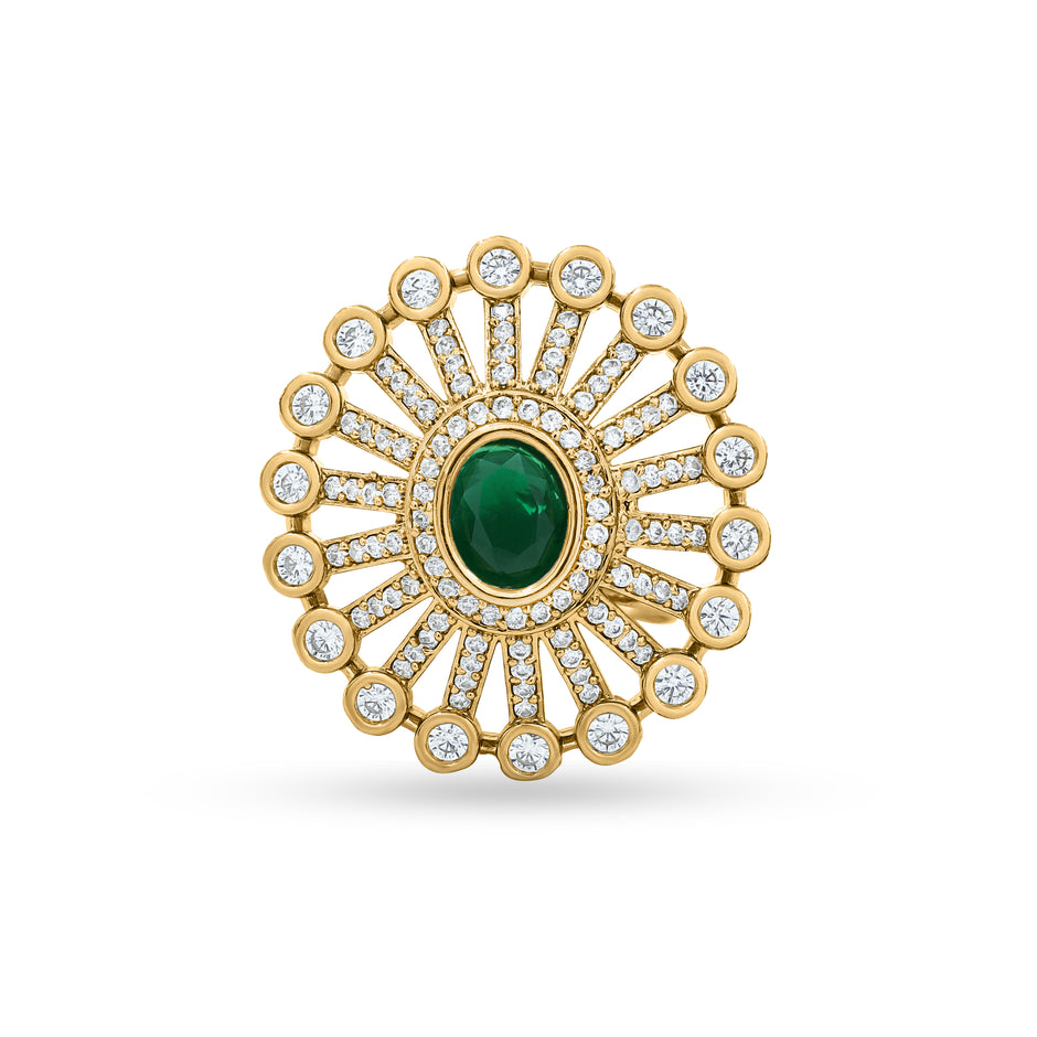 Bhavmayi 14K Gold Finish Modern Sunburst Spokes Pave Outer Halo Oval Diamond Statement  Ring