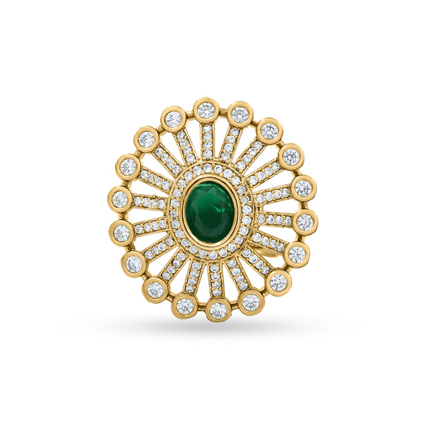 Bhavmayi 14K Gold Finish Modern Sunburst Spokes Pave Outer Halo Oval Diamond Statement  Ring