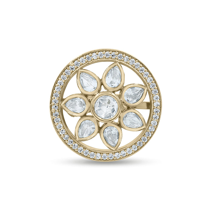 Bhavmayi Flower Mandala Statement Polki-Diamond-Gold Finish Ring