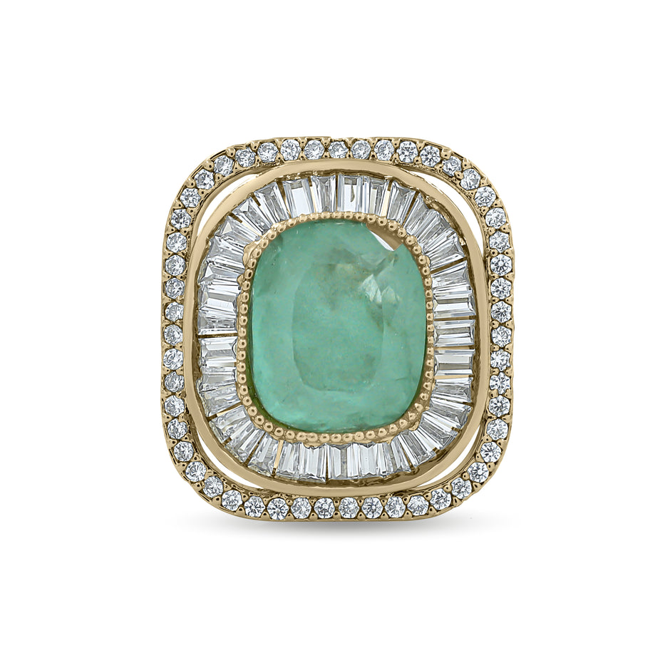 Bhavmayi Diamond Statement Gold Art Deco Oval Ring with Baguette and Pave Cushion Halo