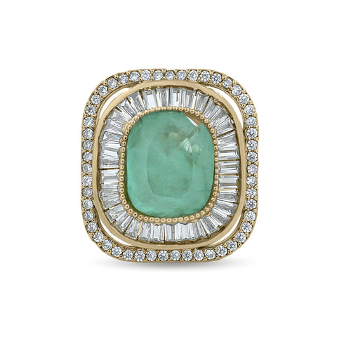 Bhavmayi Diamond Statement Gold Art Deco Oval Ring with Baguette and Pave Cushion Halo