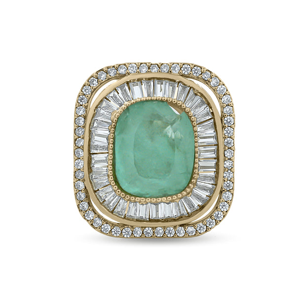 Bhavmayi Diamond Statement Gold Art Deco Oval Ring with Baguette and Pave Cushion Halo