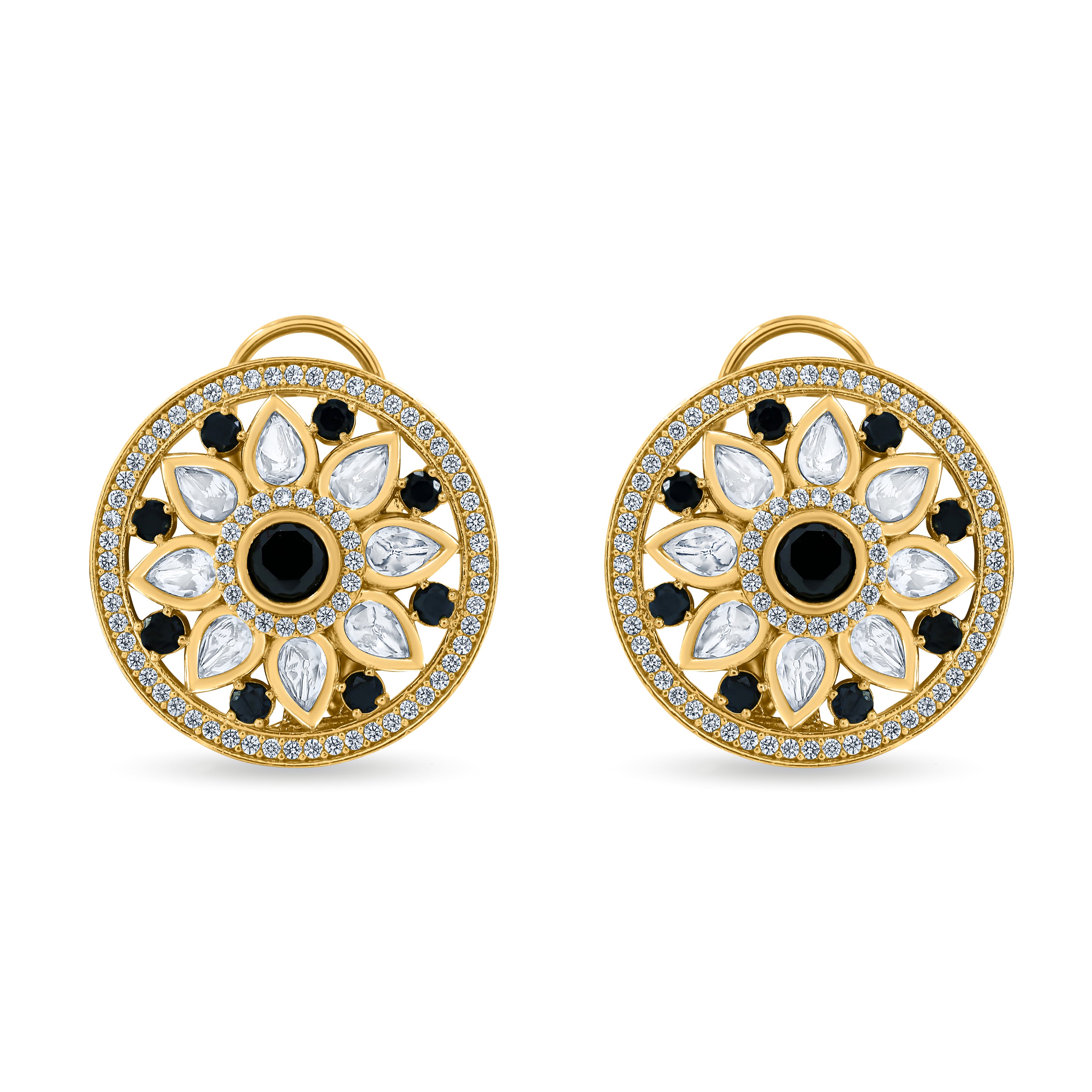Bhavmayi 14K Gold Round Mandala Stud Earrings with Emerald & Teardrop Diamond Accents