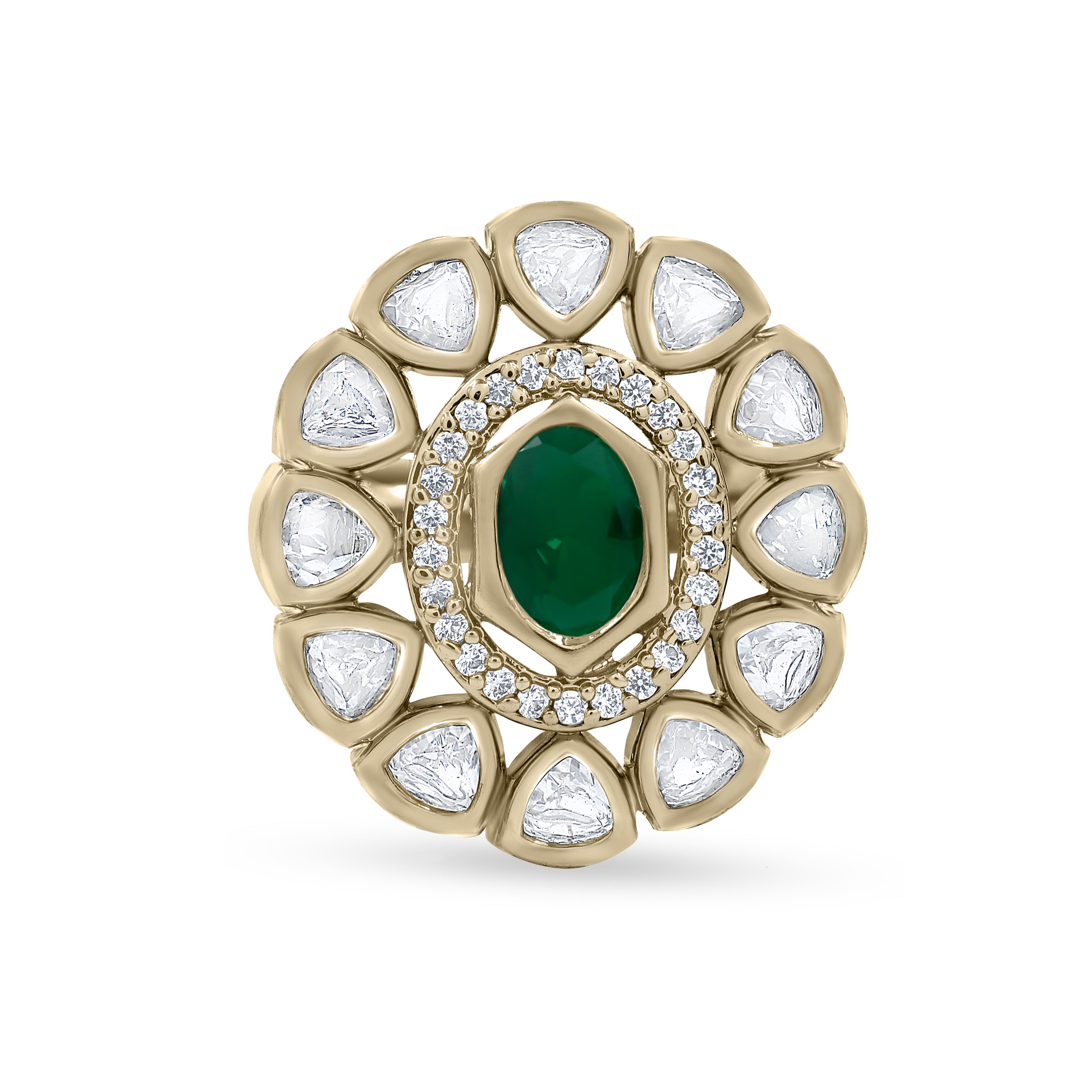 Bhavmayi Oval Zircon Vintage Shield Polki-Diamond Gold Finish Ring with Pave and Trillion Motif Halo