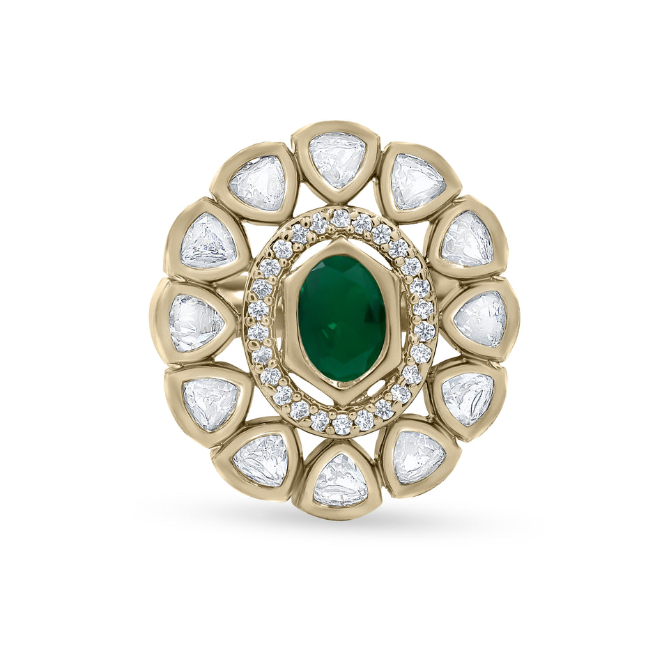Bhavmayi Oval Zircon Vintage Shield Polki-Diamond Gold Finish Ring with Pave and Trillion Motif Halo